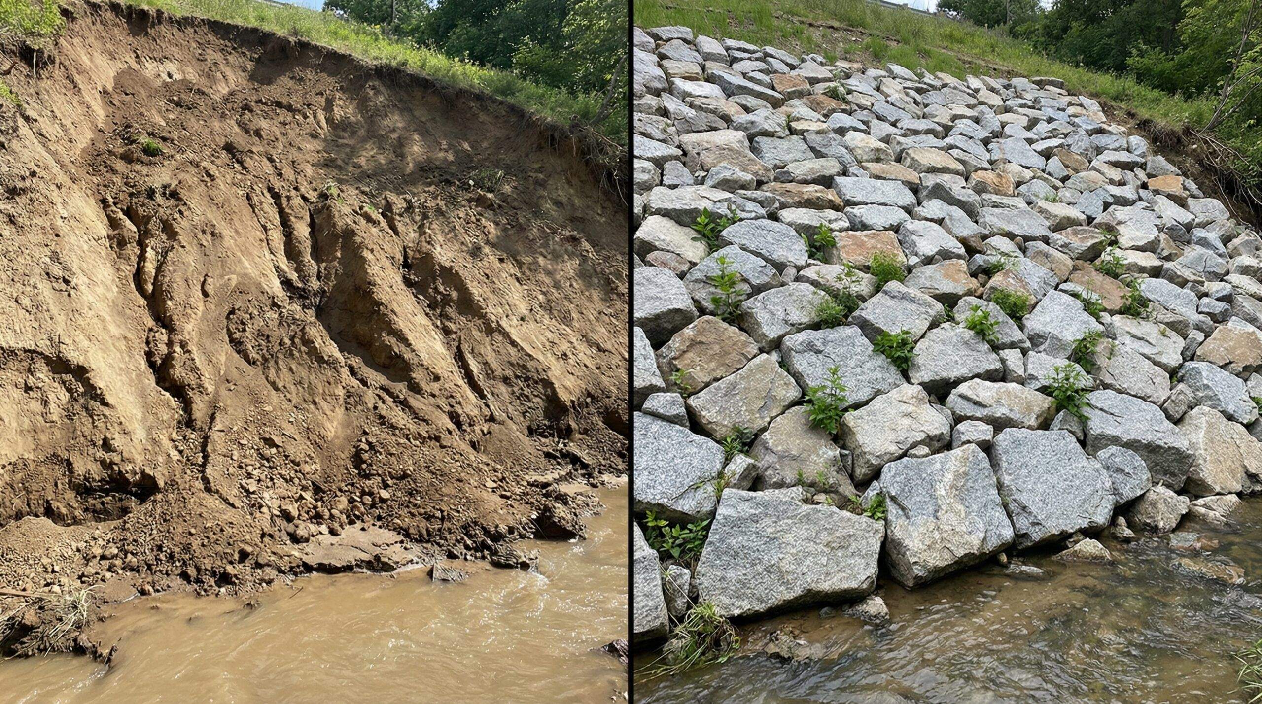Before and after riprap installation for erosion control