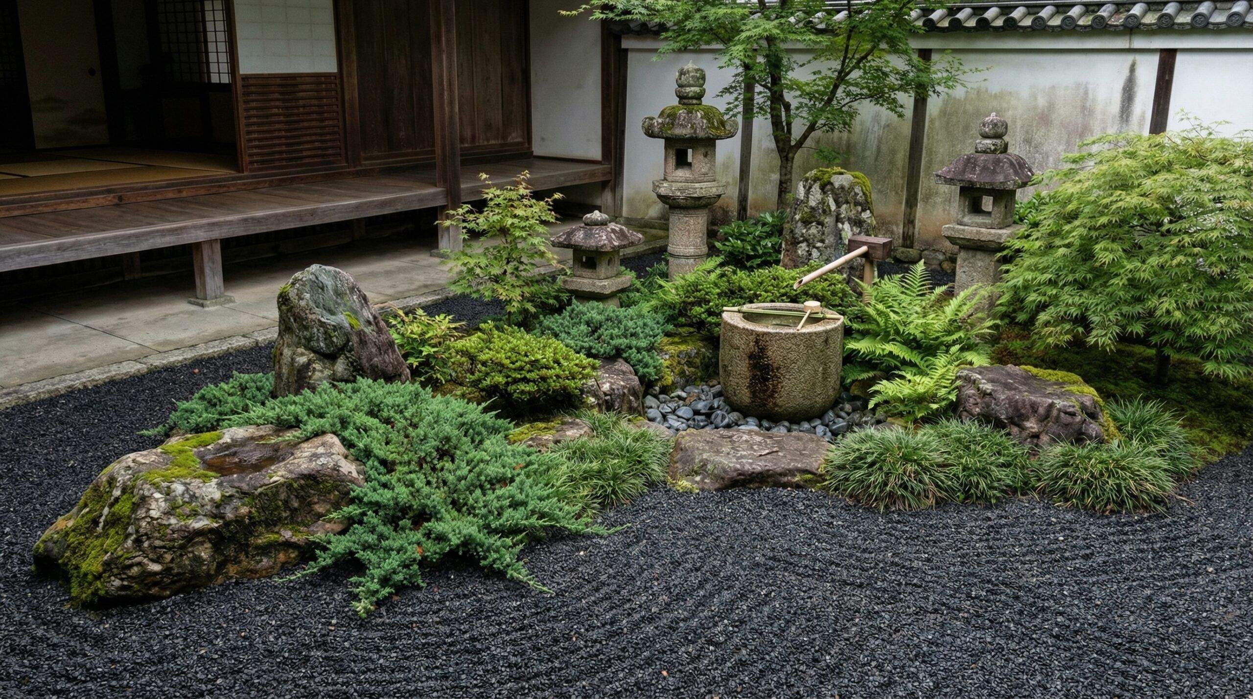 Black gravel zen garden with stone elements and plants