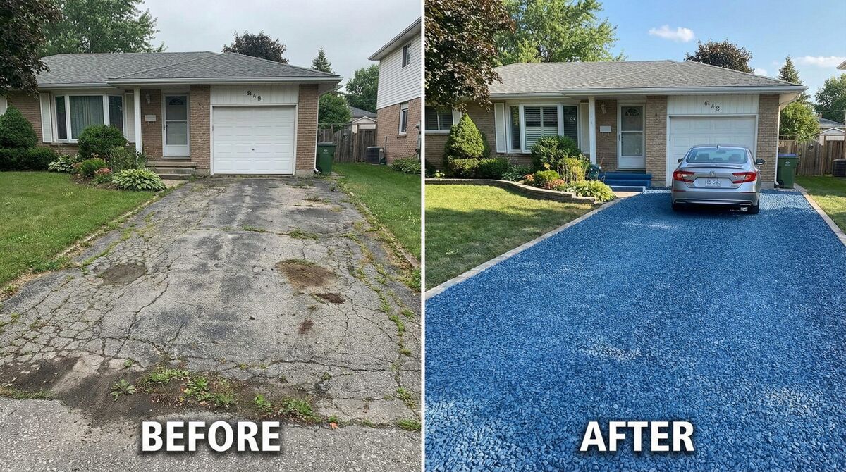 Before and after comparison of driveway with blue rock installation