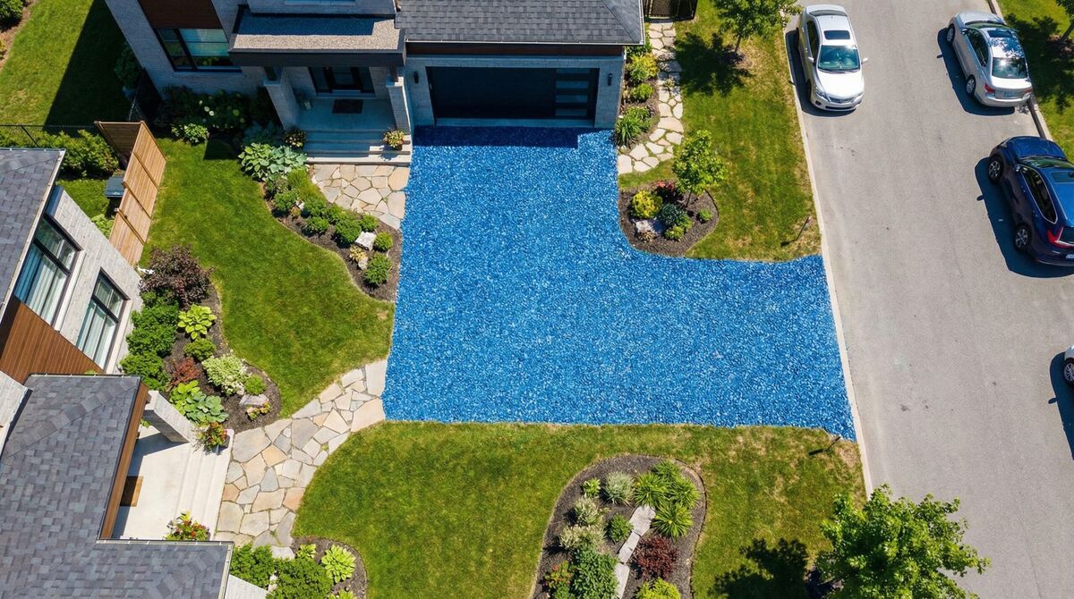 Blue driveway rock installed on residential driveway showing vibrant blue color