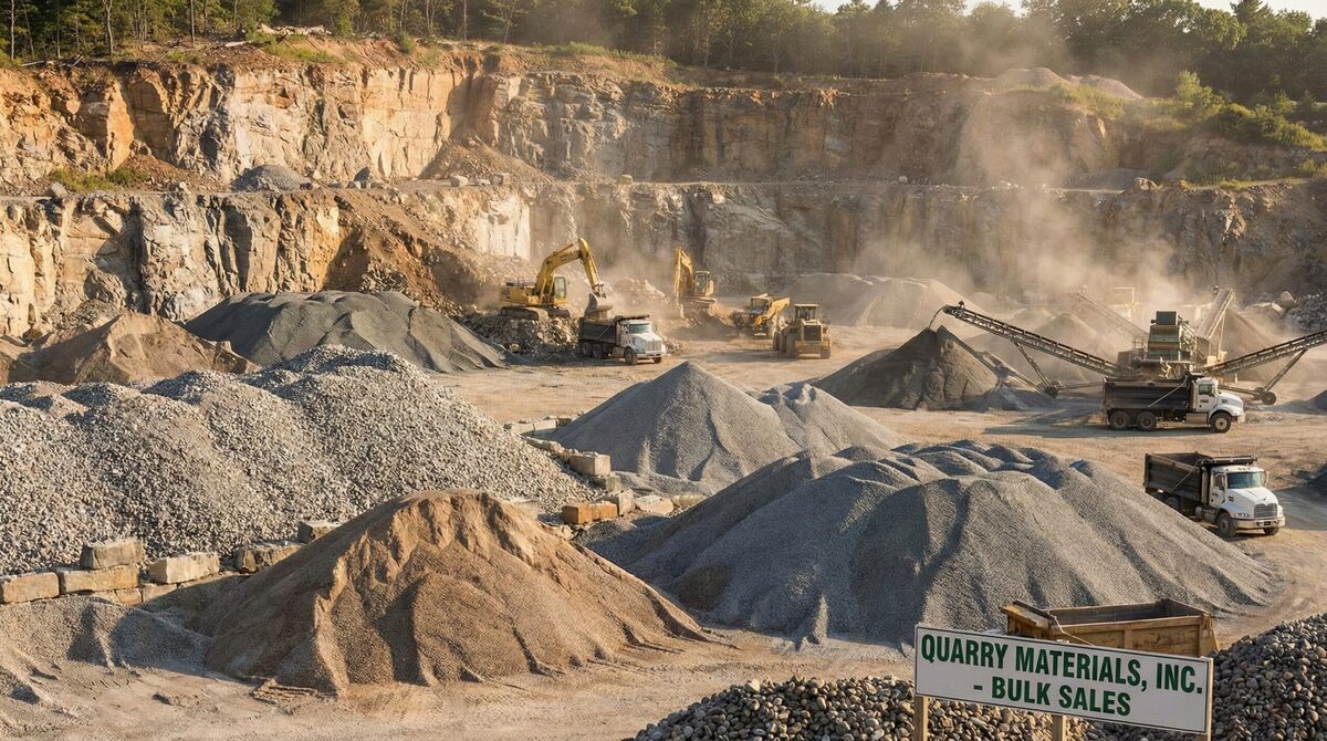 Bulk stone materials at quarry construction site