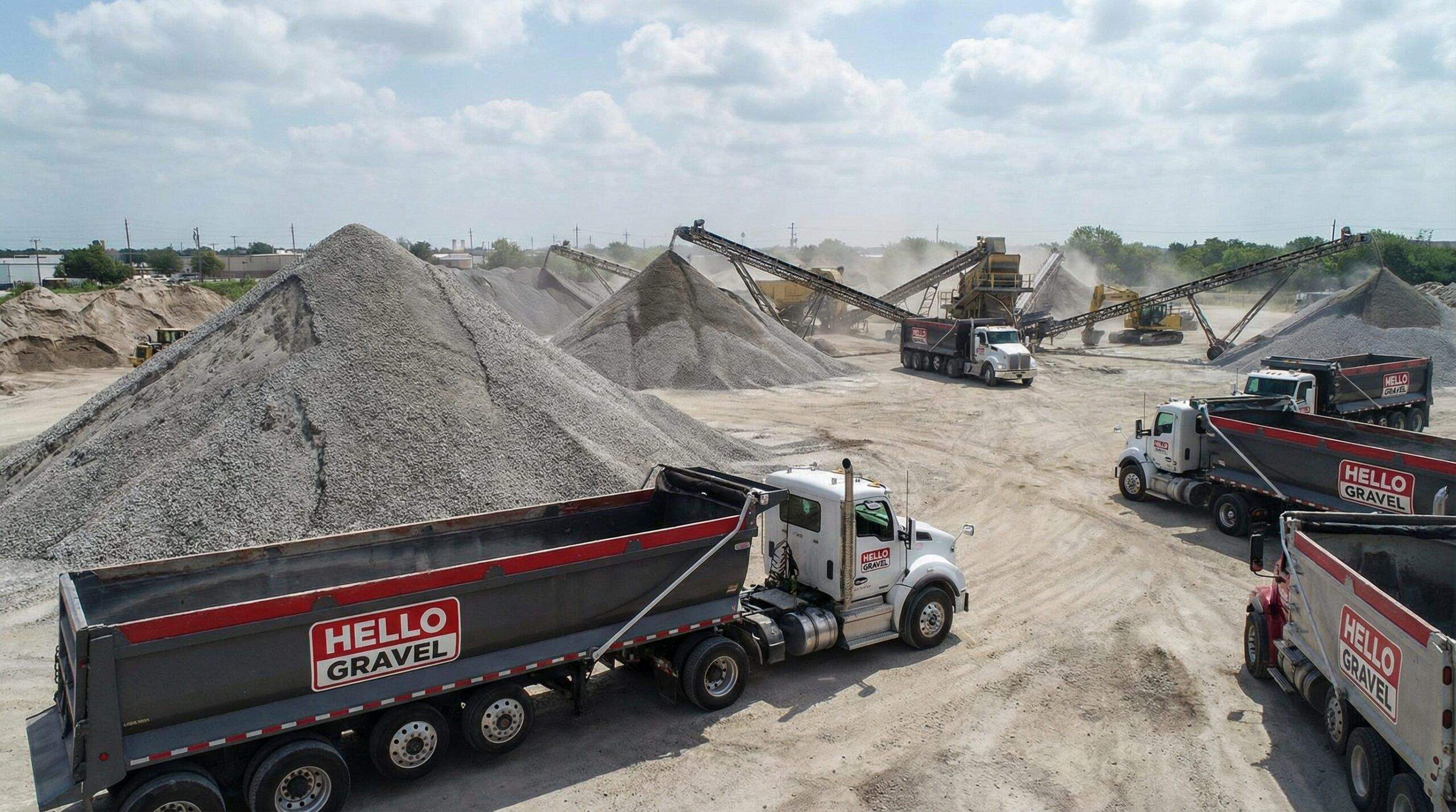 Channelview yard facility with crushed concrete piles and Hello Gravel trucks