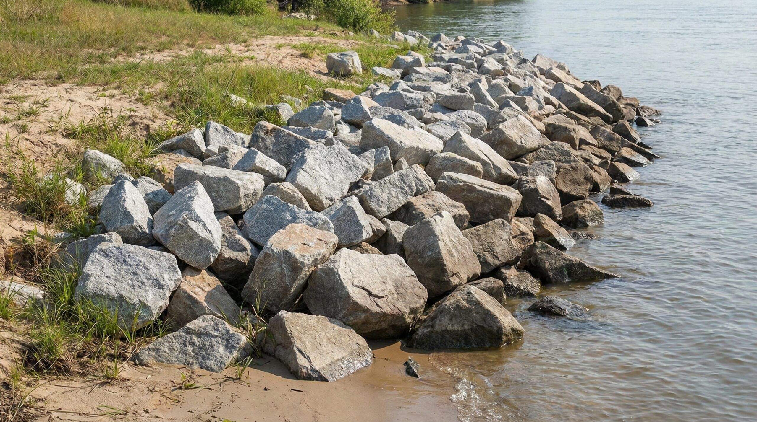 Class I rip rap boulders arranged for erosion control along a shoreline