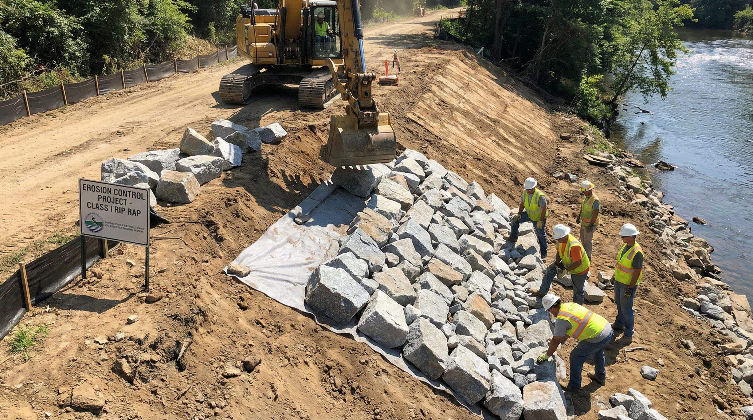Class I rip rap installation showing proper placement technique for slope stabilization