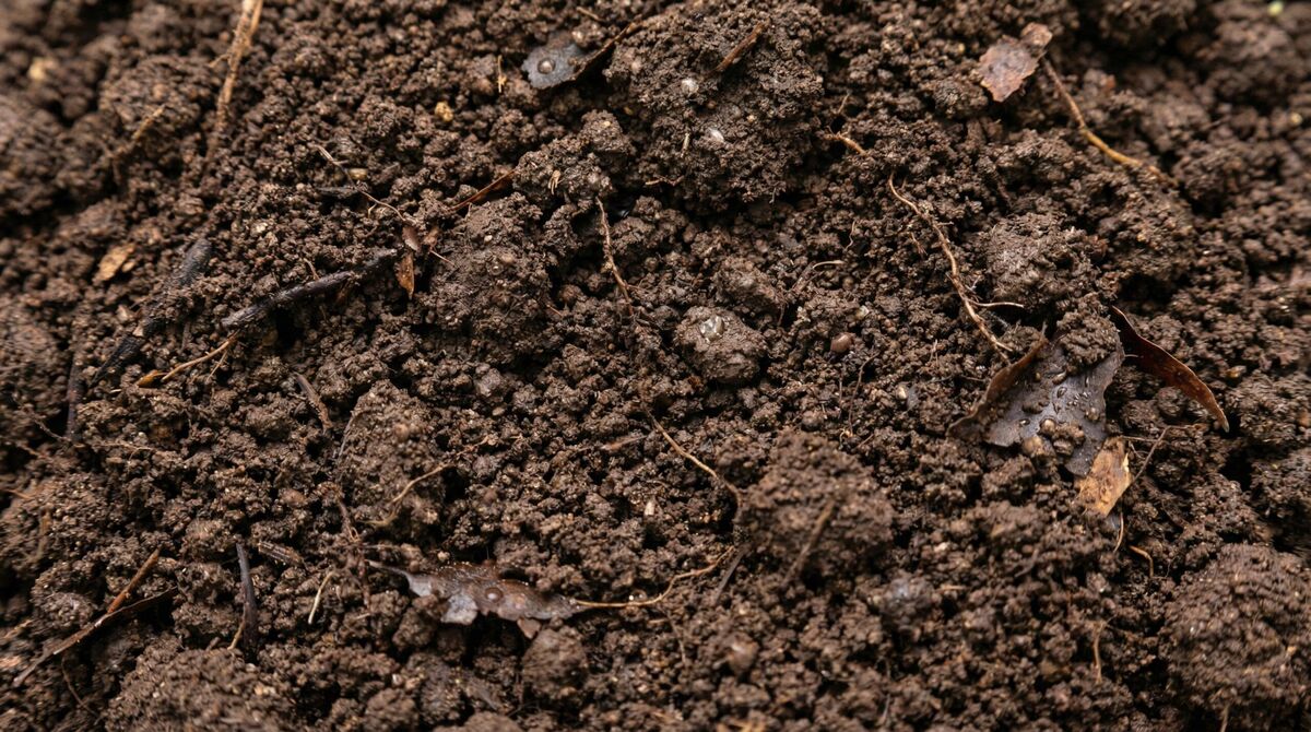 Close up view of rich dark clay loam soil texture showing fine particles