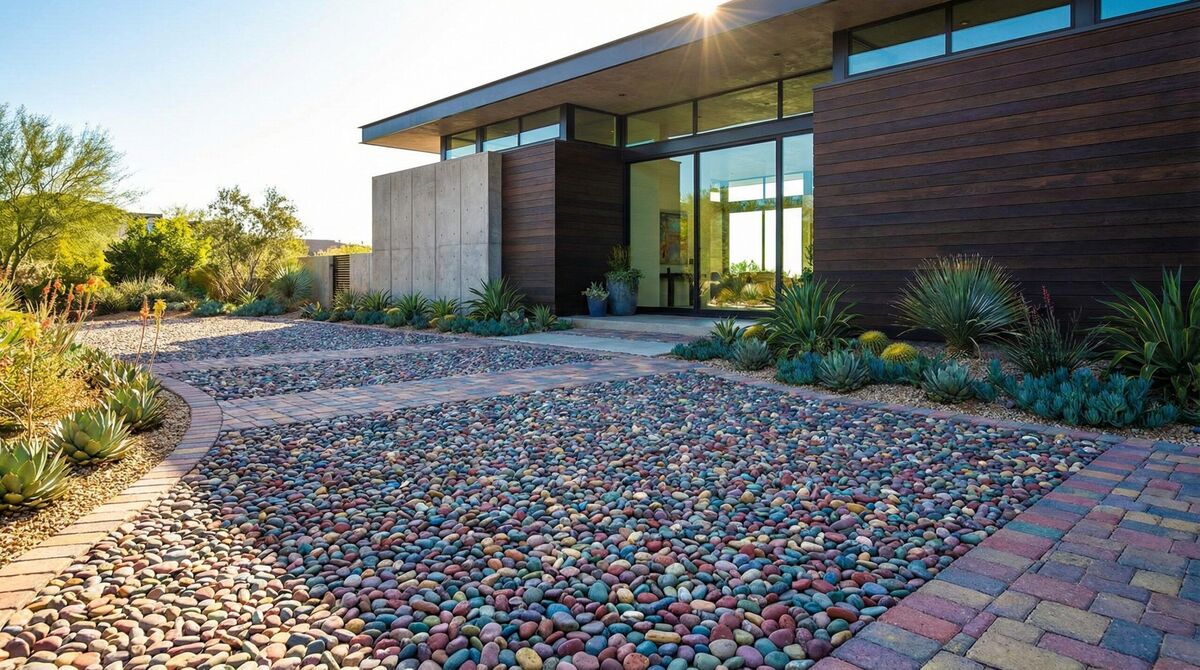 Colorful gravel driveway with modern home exterior showing various colored stones