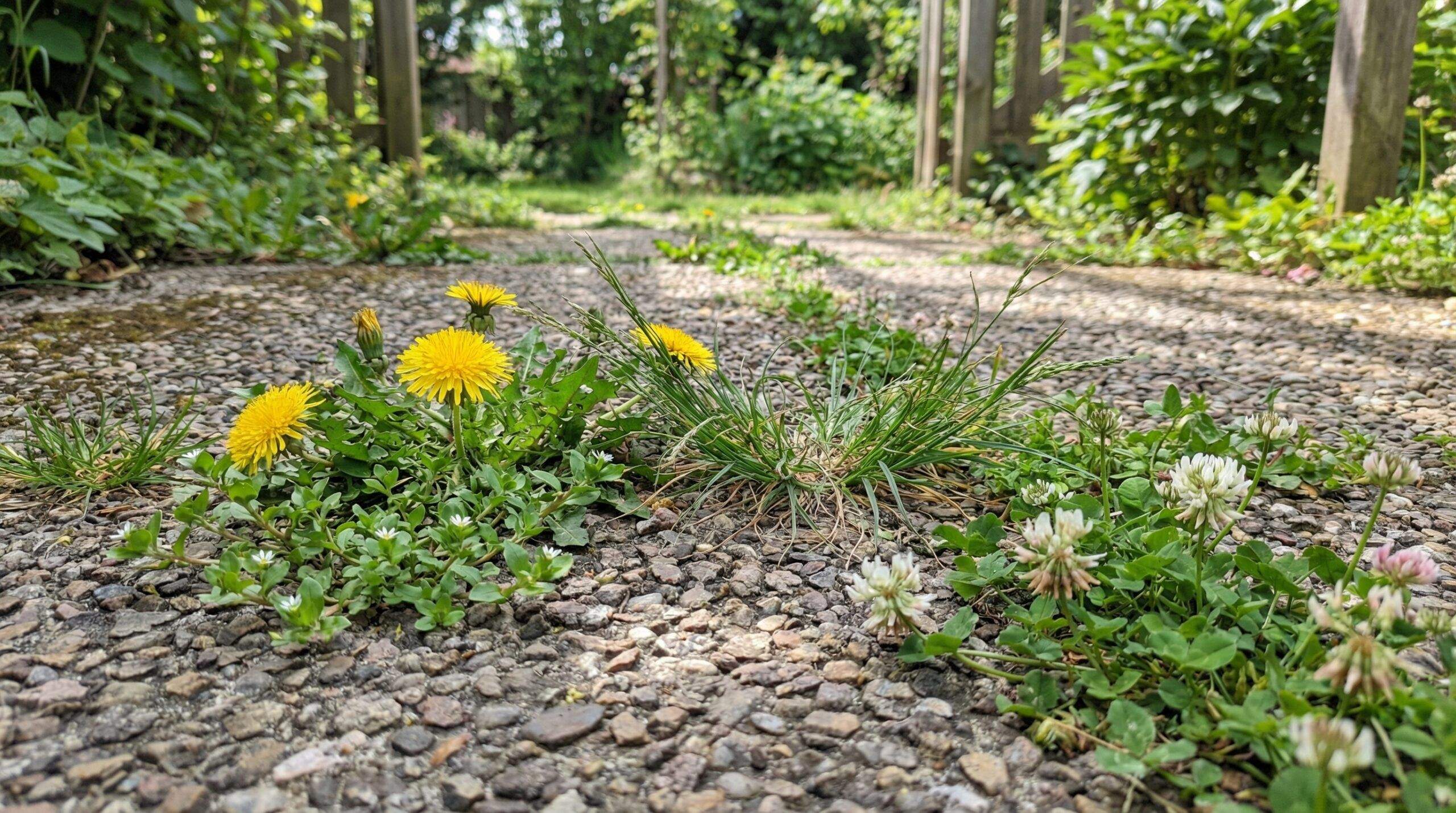 Common weeds growing through gravel