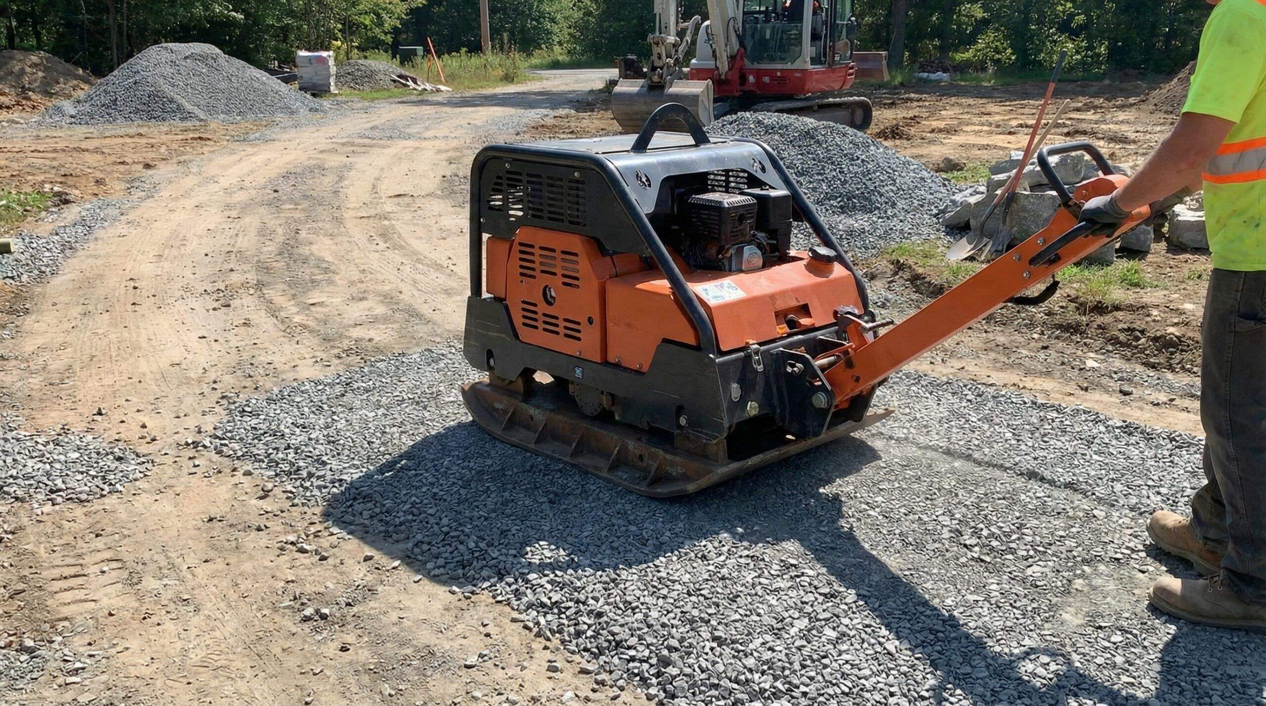 Compacting Gravel With Plate Compactor On Driveway