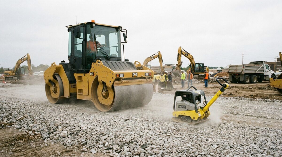 Compaction equipment working on crushed concrete surface