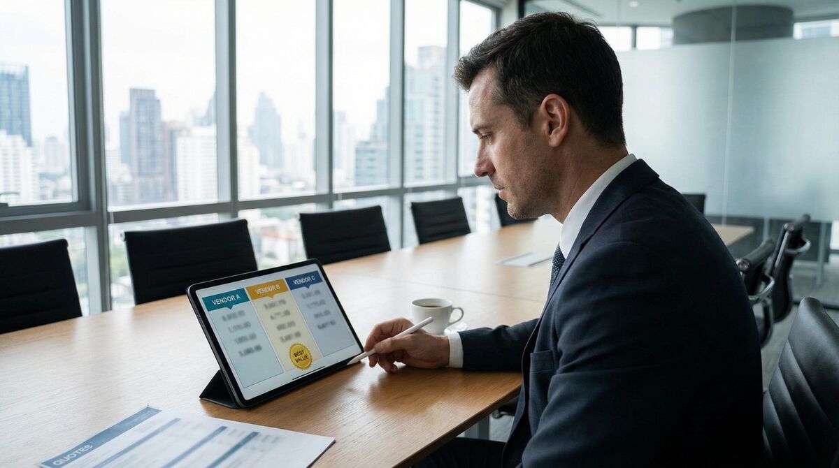Homeowner comparing sand quotes on tablet with delivery trucks