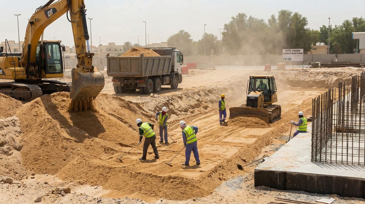 Construction site sandy fill foundation preparation