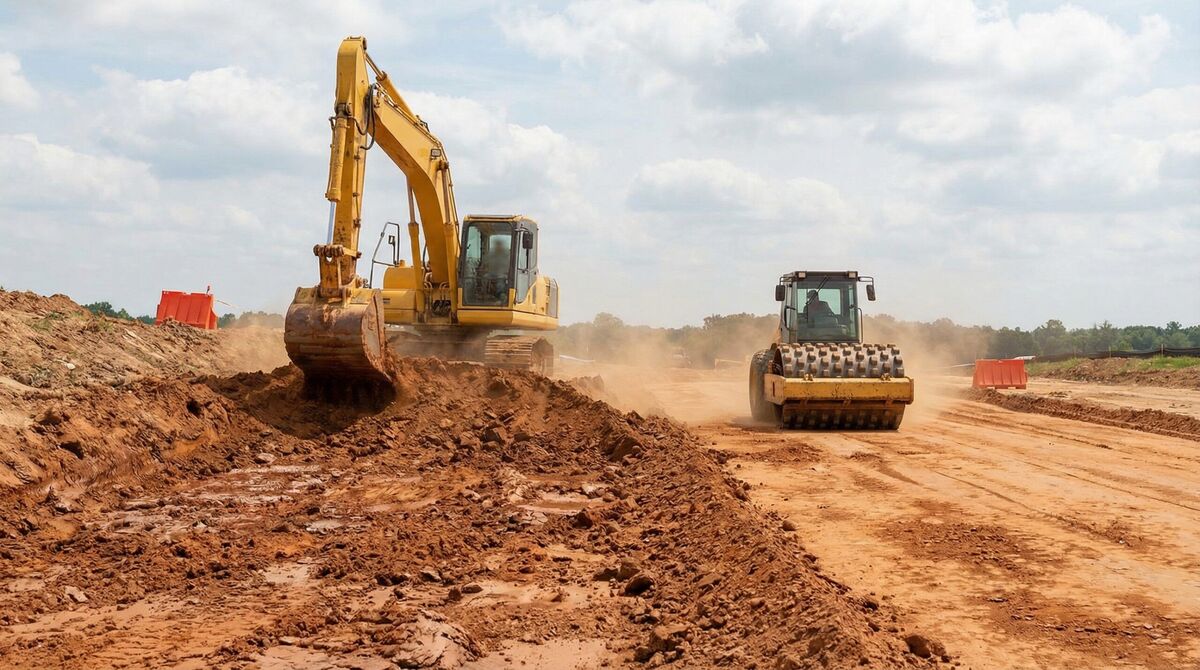 Construction site showing clay soil being used as road base with heavy machinery