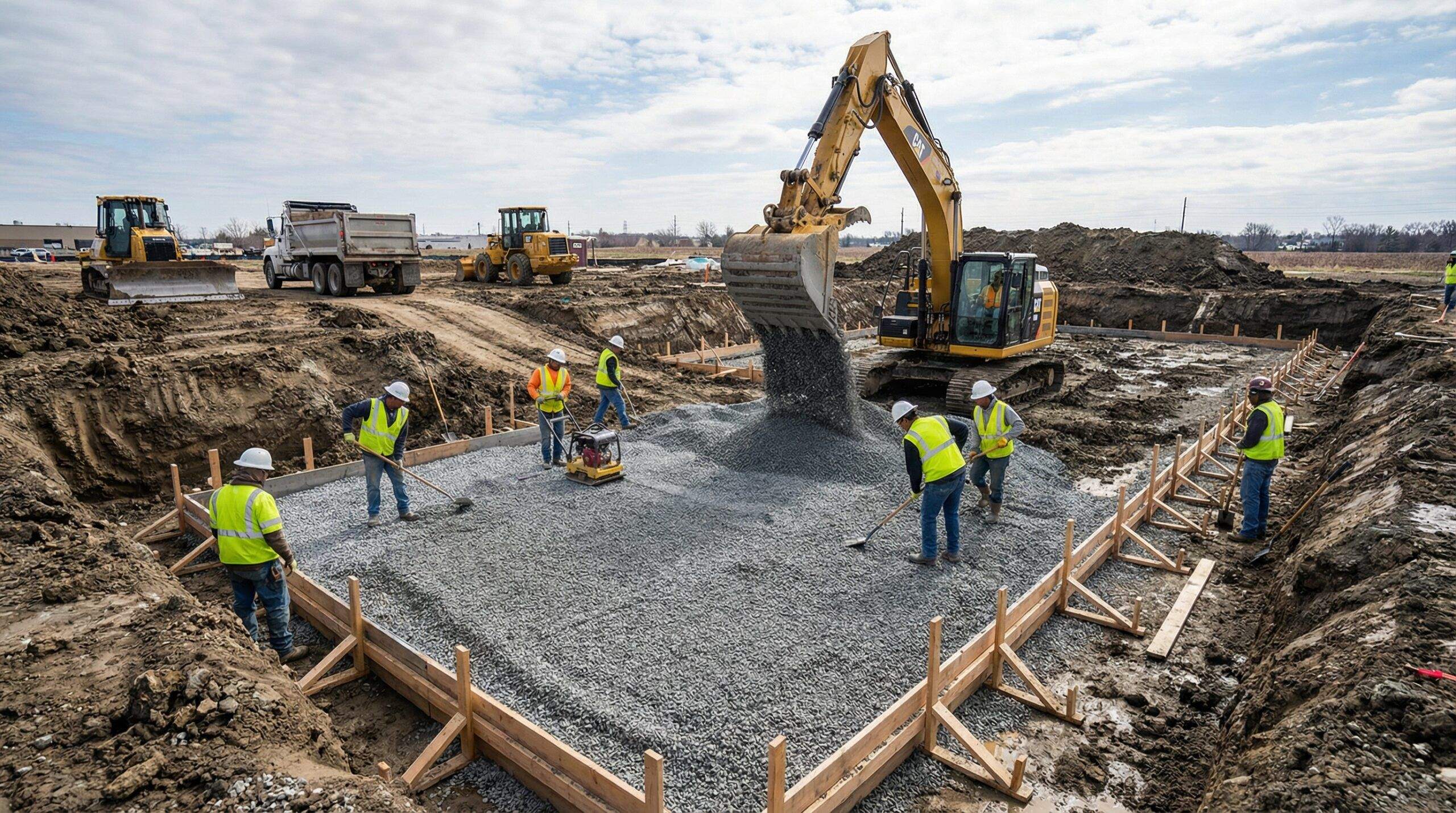 Construction site with gravel fill foundation work