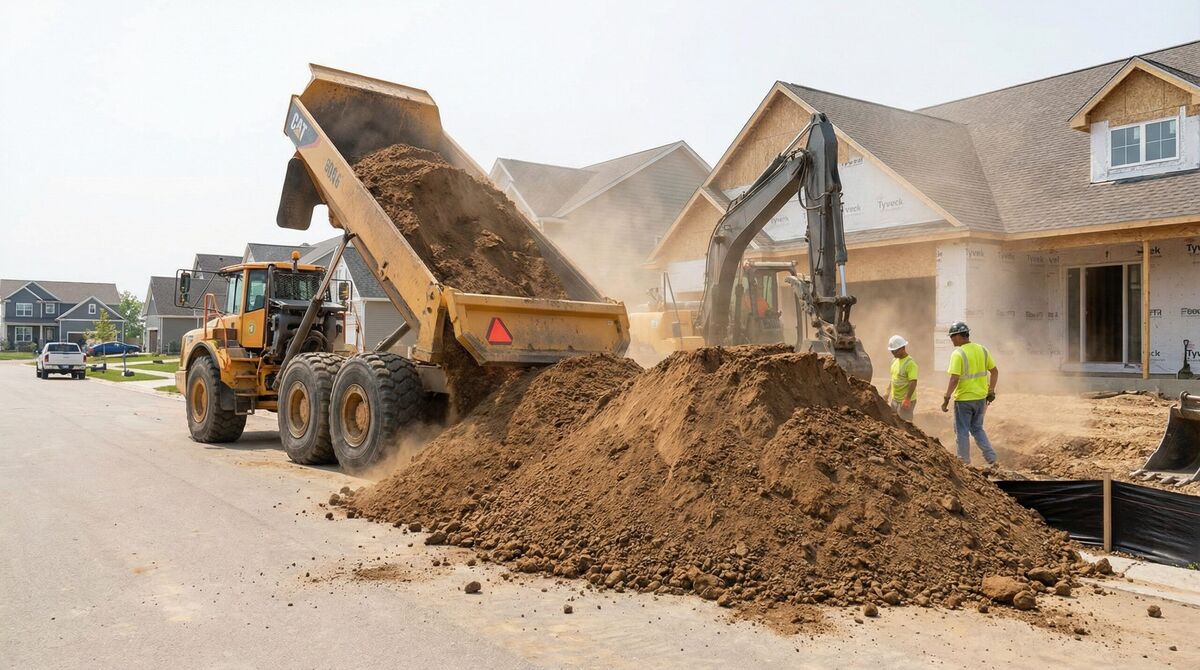 Construction site with dump truck delivering fill dirt to a residential property showing volume and scale