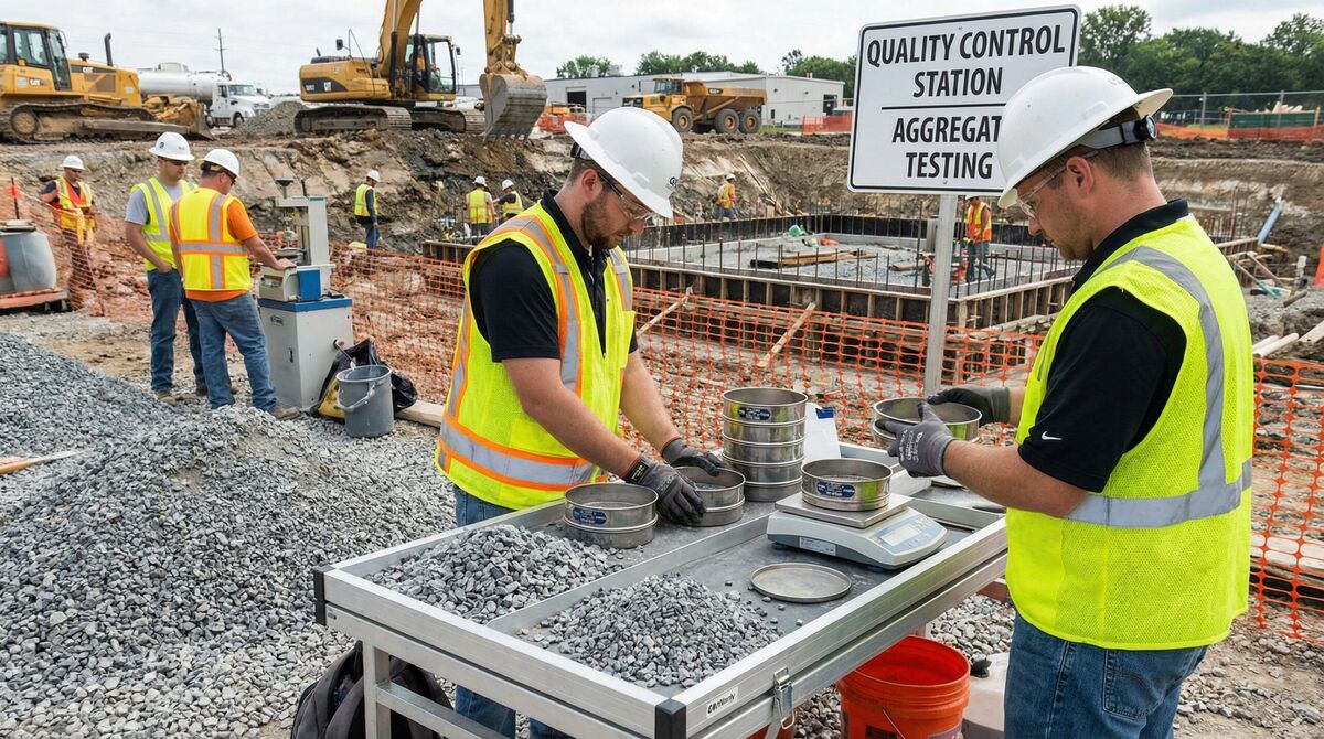 Construction site with gravel testing equipment and quality control procedures
