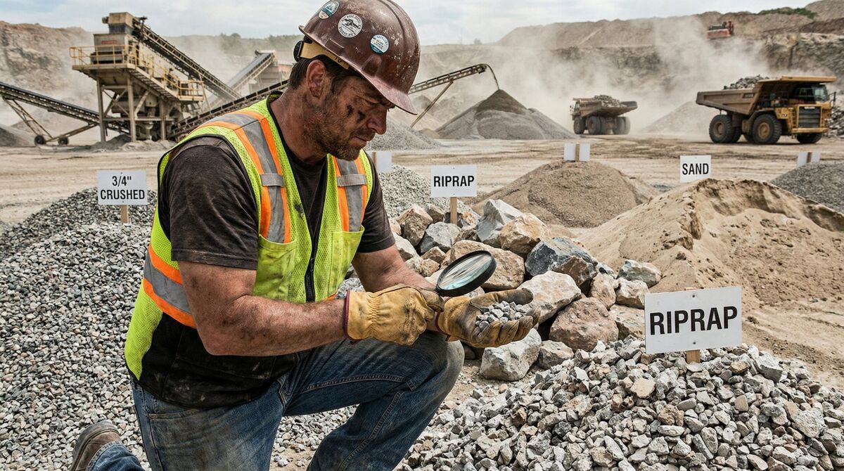 construction worker examining different types of aggregate materials at a quarry site