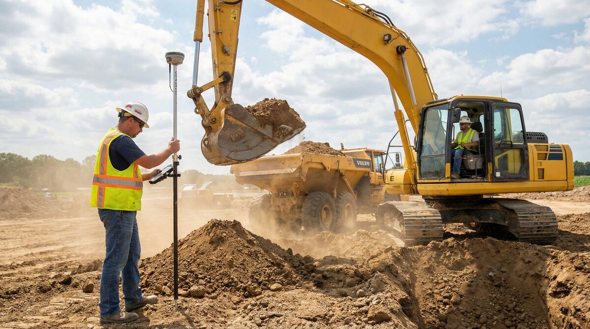 construction worker using equipment to measure and move dirt