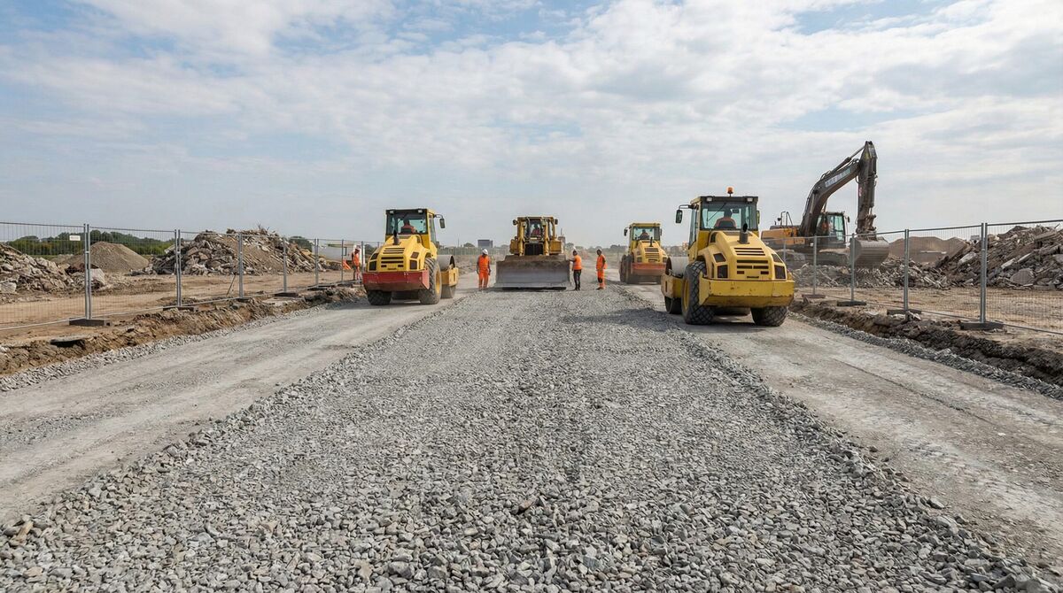 Crushed concrete compaction equipment on construction site