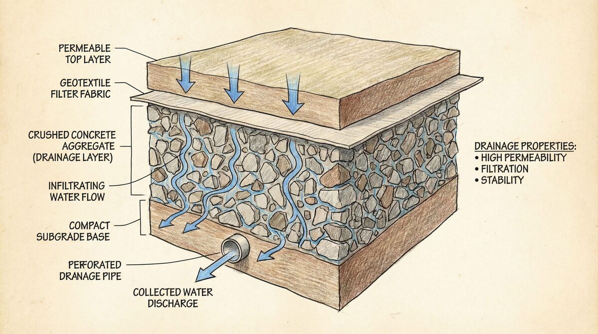 Crushed concrete drainage properties cross-section diagram