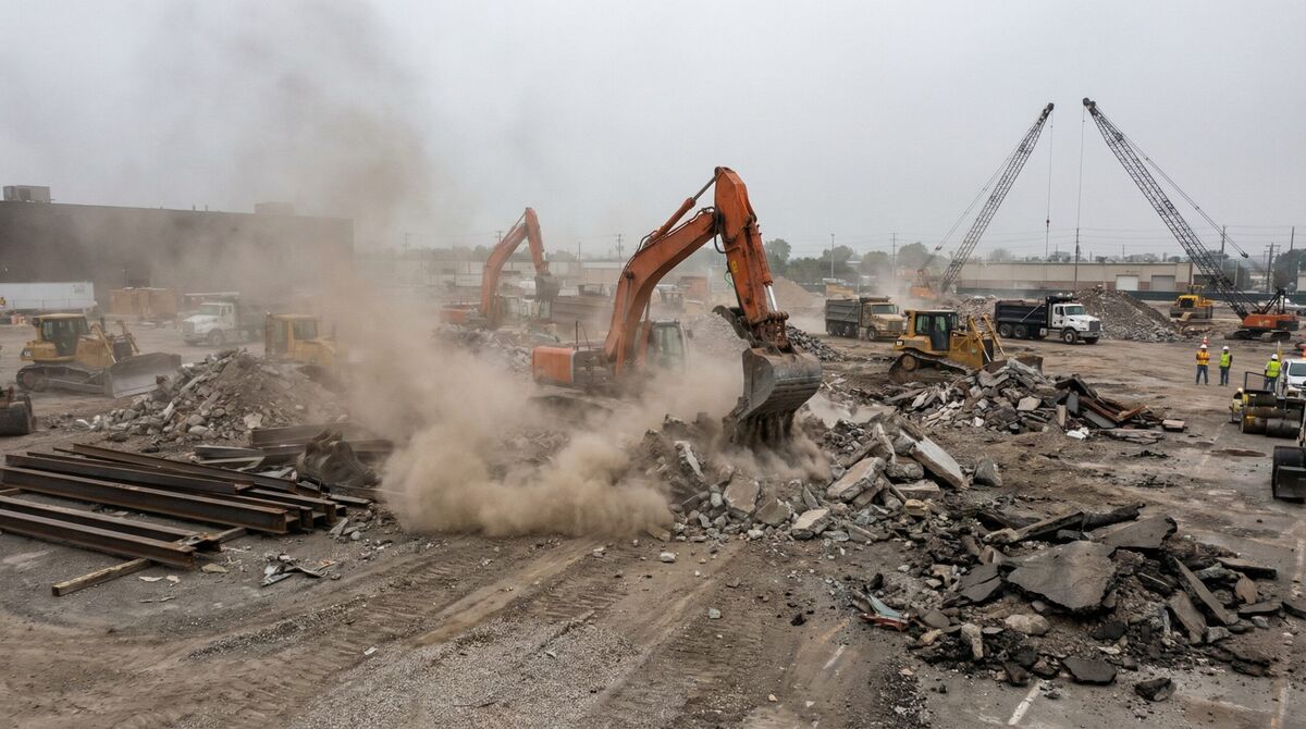 Crushed concrete dust cloud at construction site