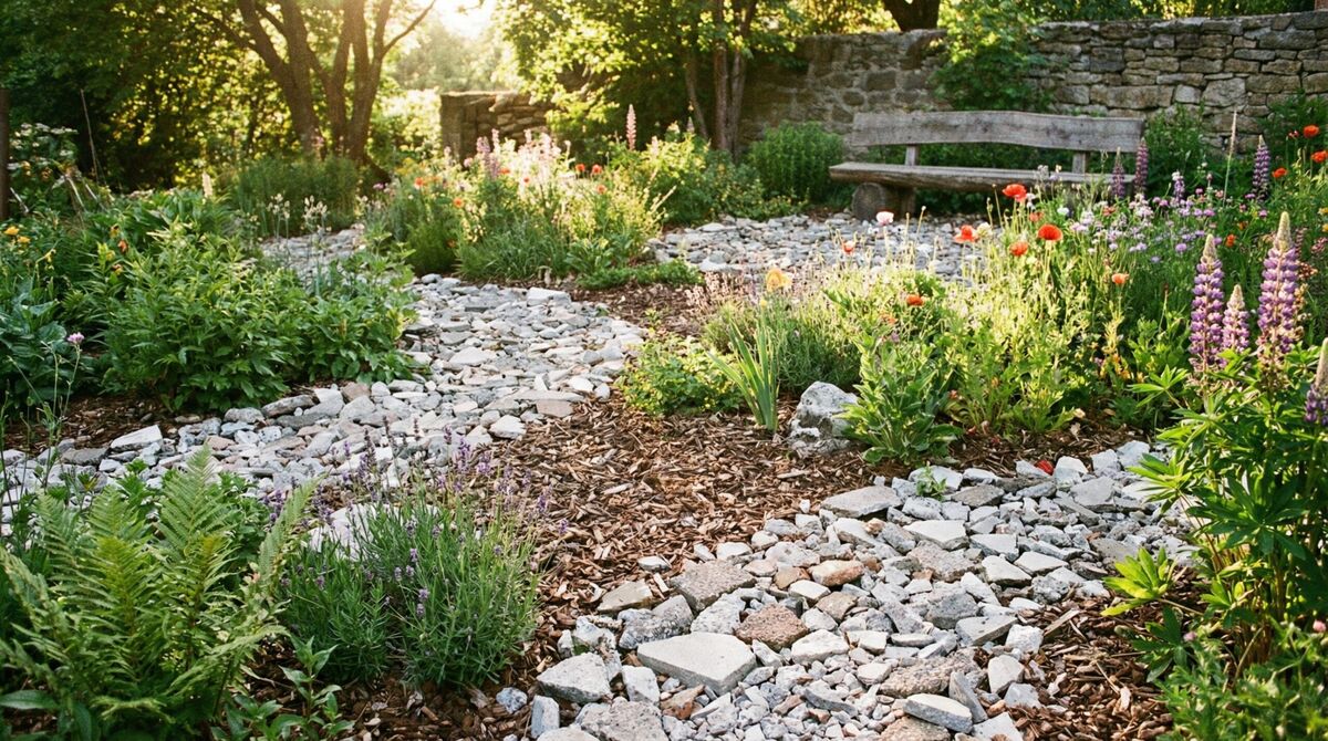 Crushed concrete in garden setting with healthy plants around