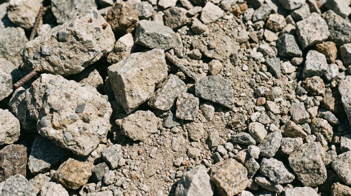 Crushed concrete particles showing angular shapes and size variation