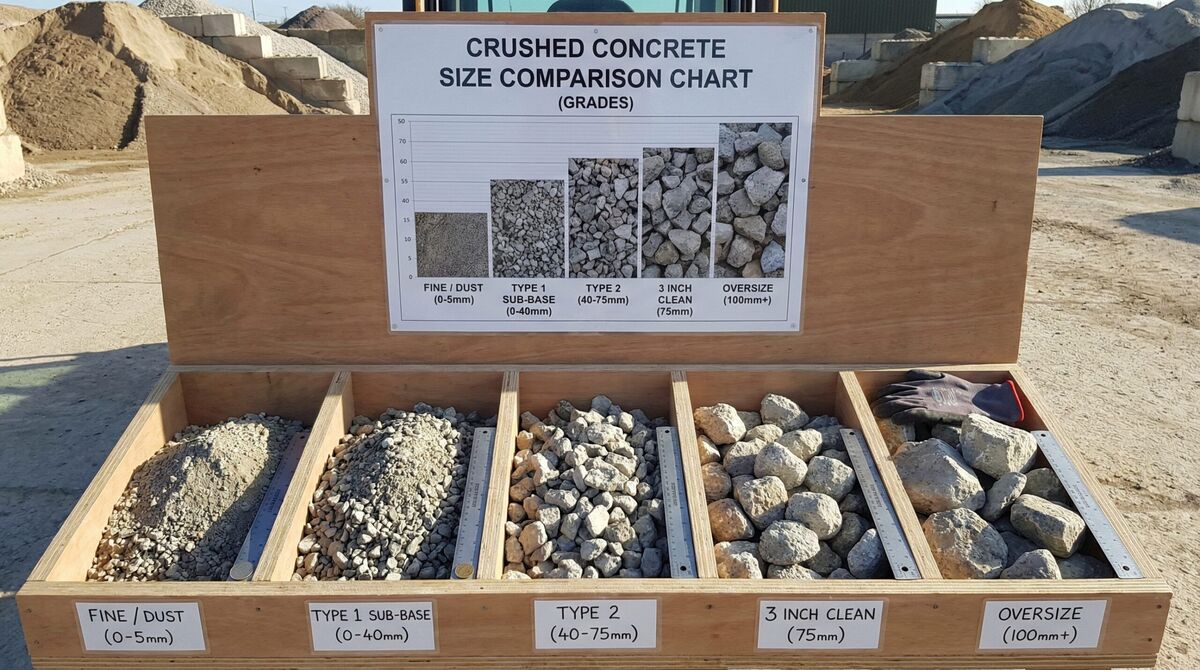 Crushed concrete size comparison chart showing different grades