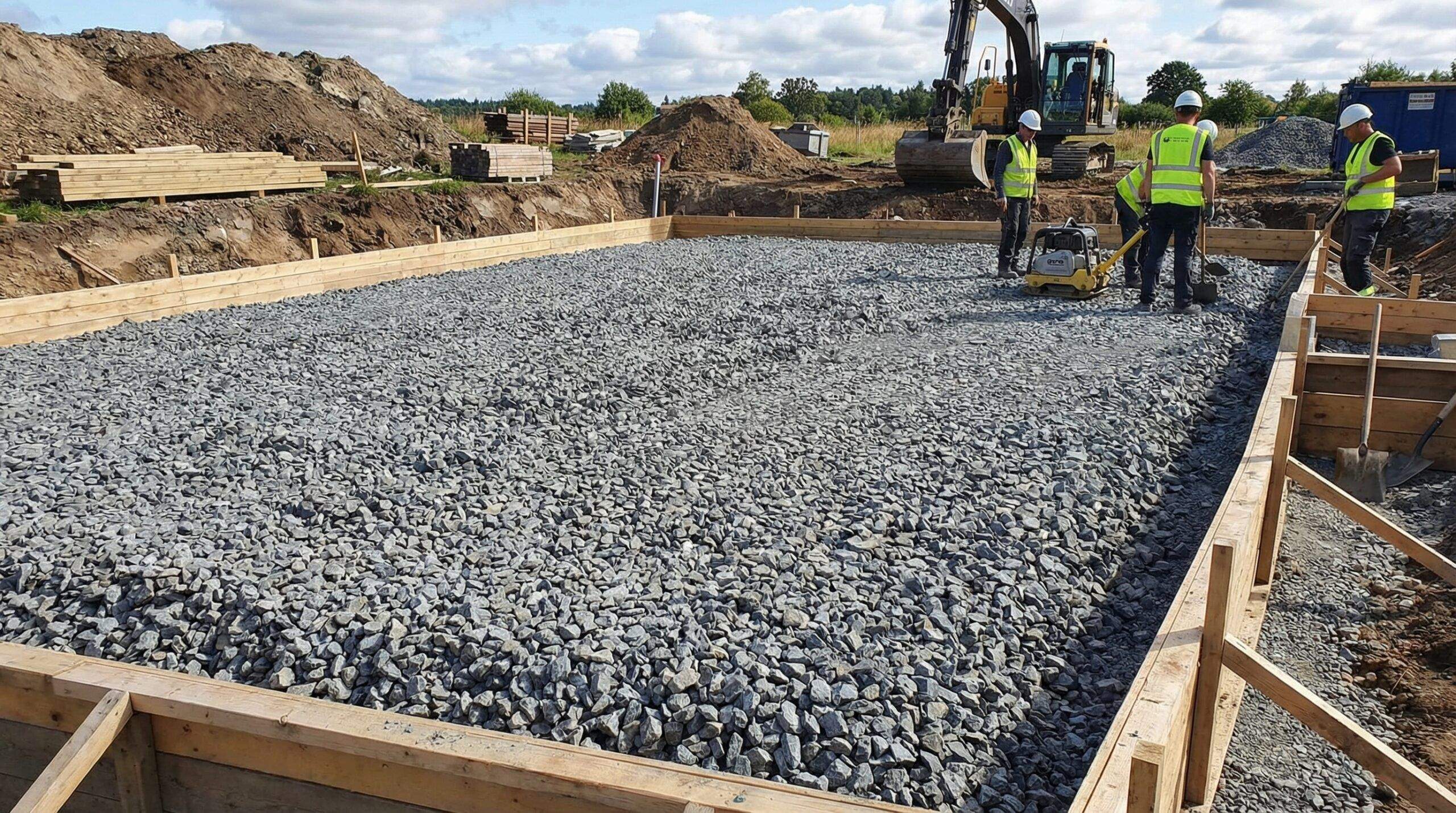Crushed stone foundation at construction site
