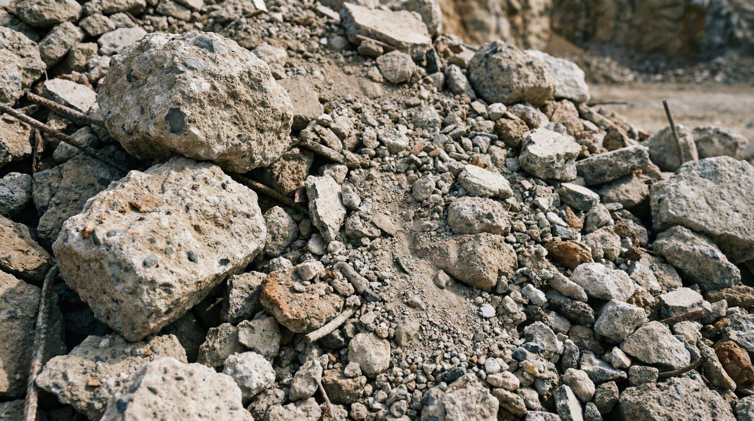 Close-up view of crushed concrete aggregate showing various sizes and textures