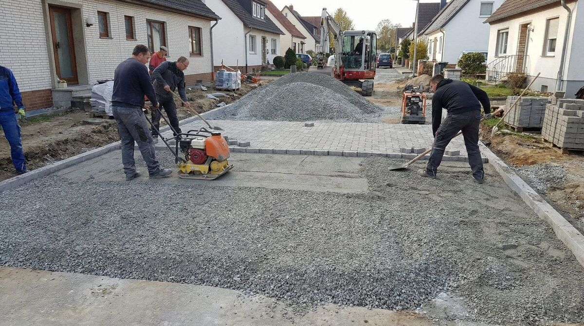 Construction site showing crushed concrete fines being used as base material under pavers