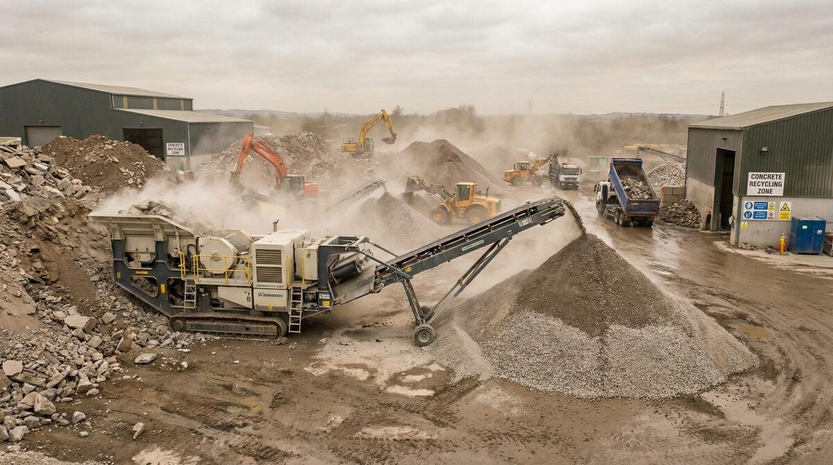 crushed concrete being processed at a recycling facility
