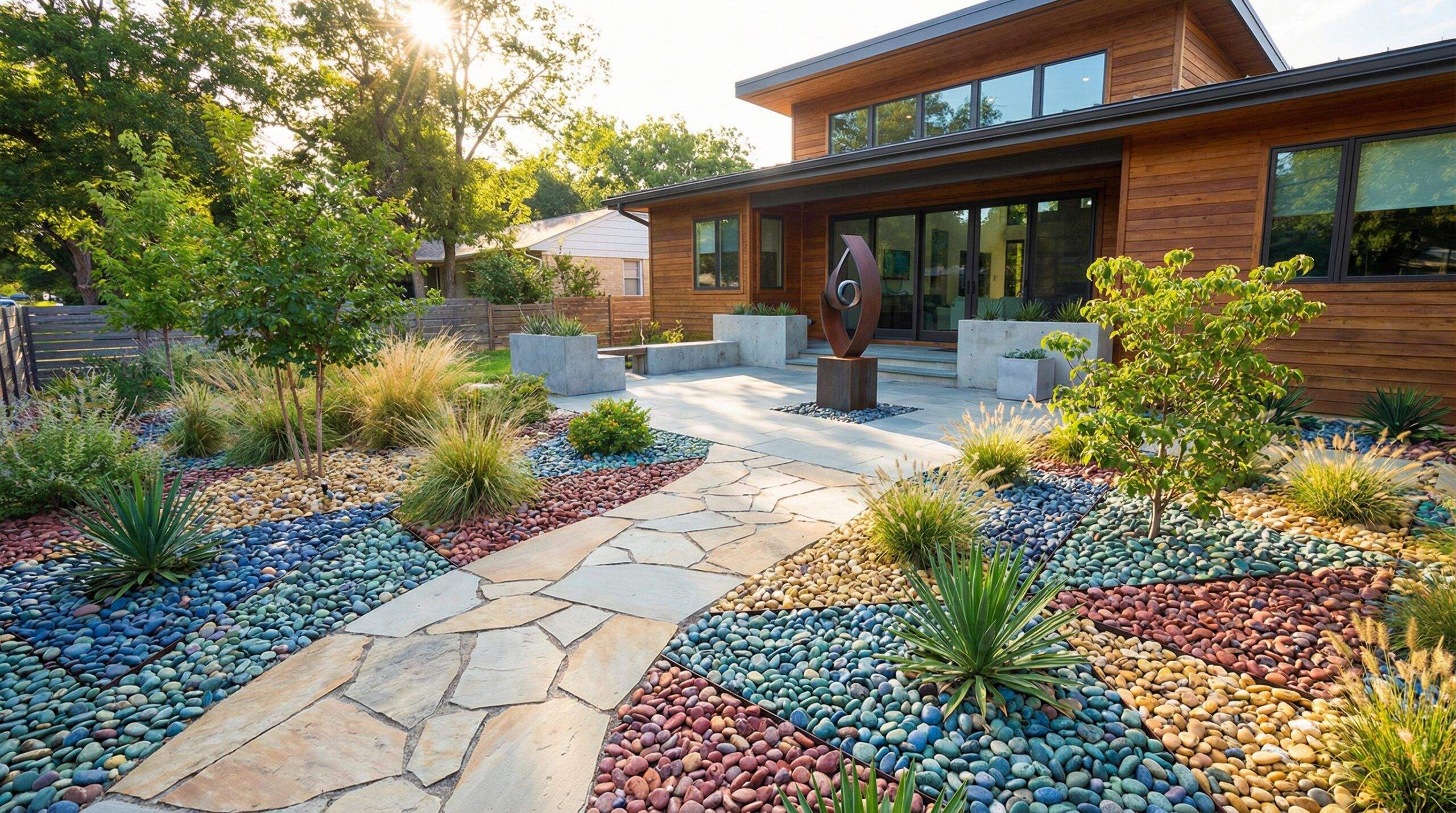Decorative stone mulch transforming a residential landscape