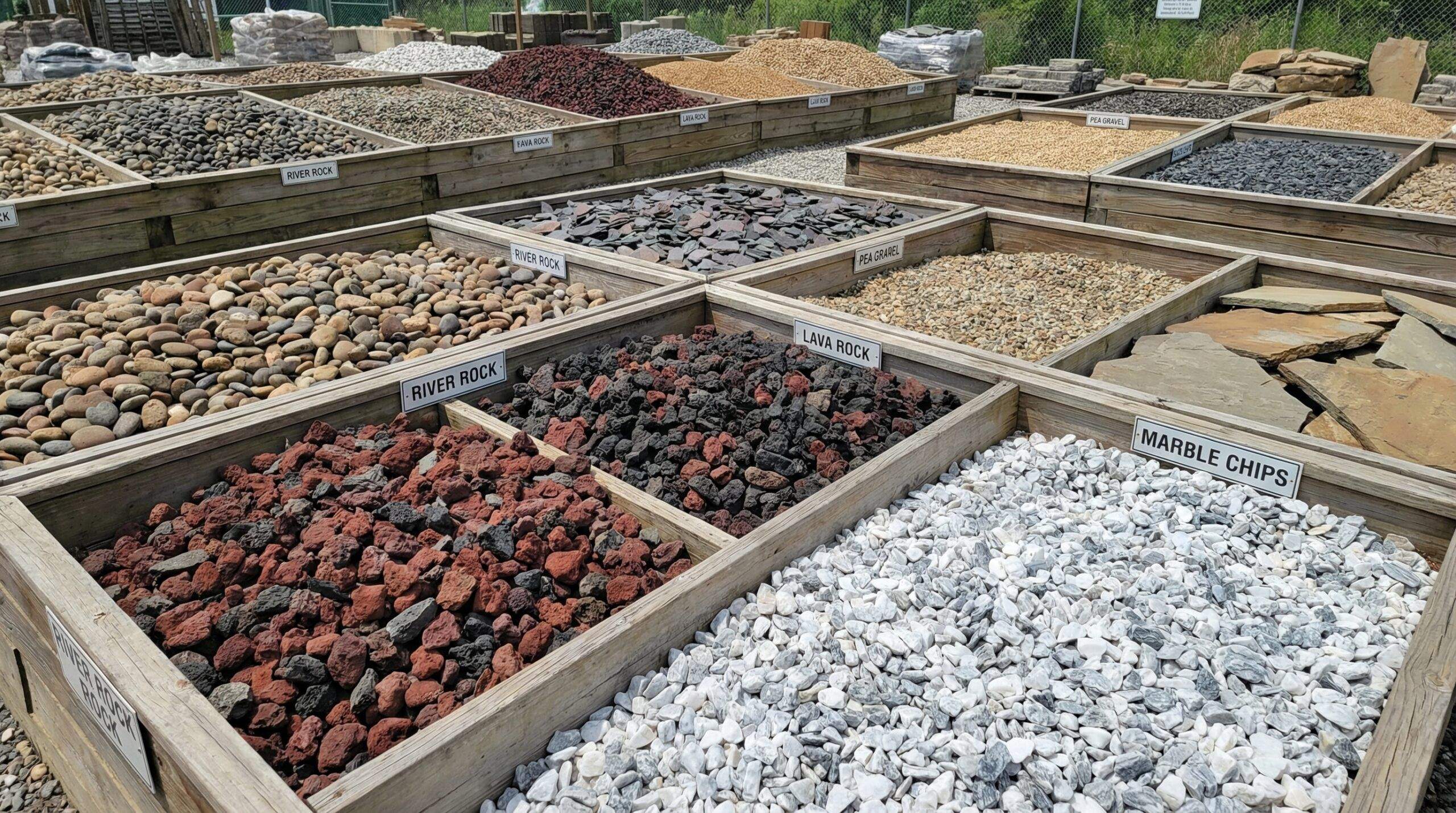Different types of stone mulch including river rocks, lava rocks, and marble chips