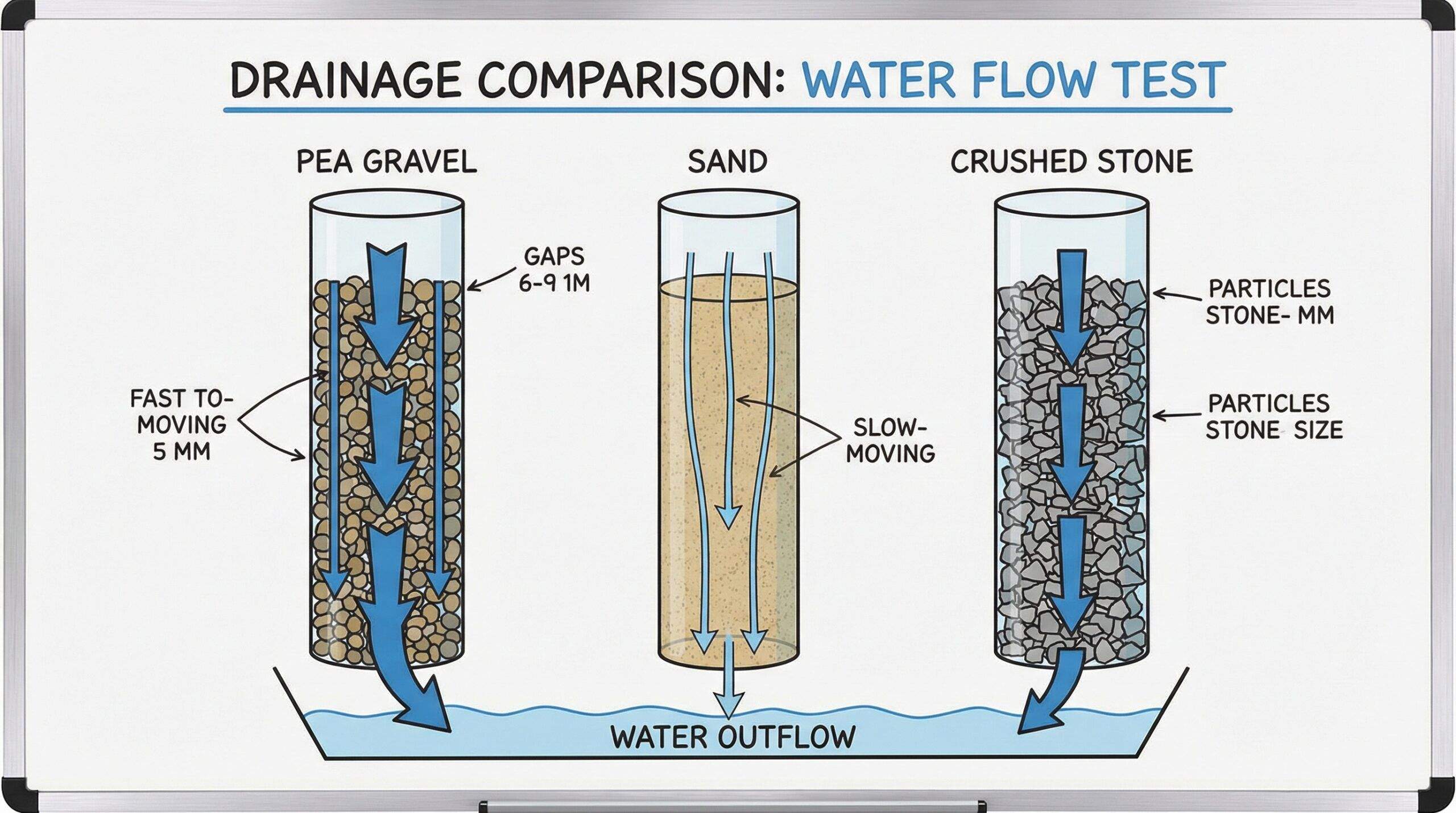 Comparison of drainage materials showing water flow through different gravels