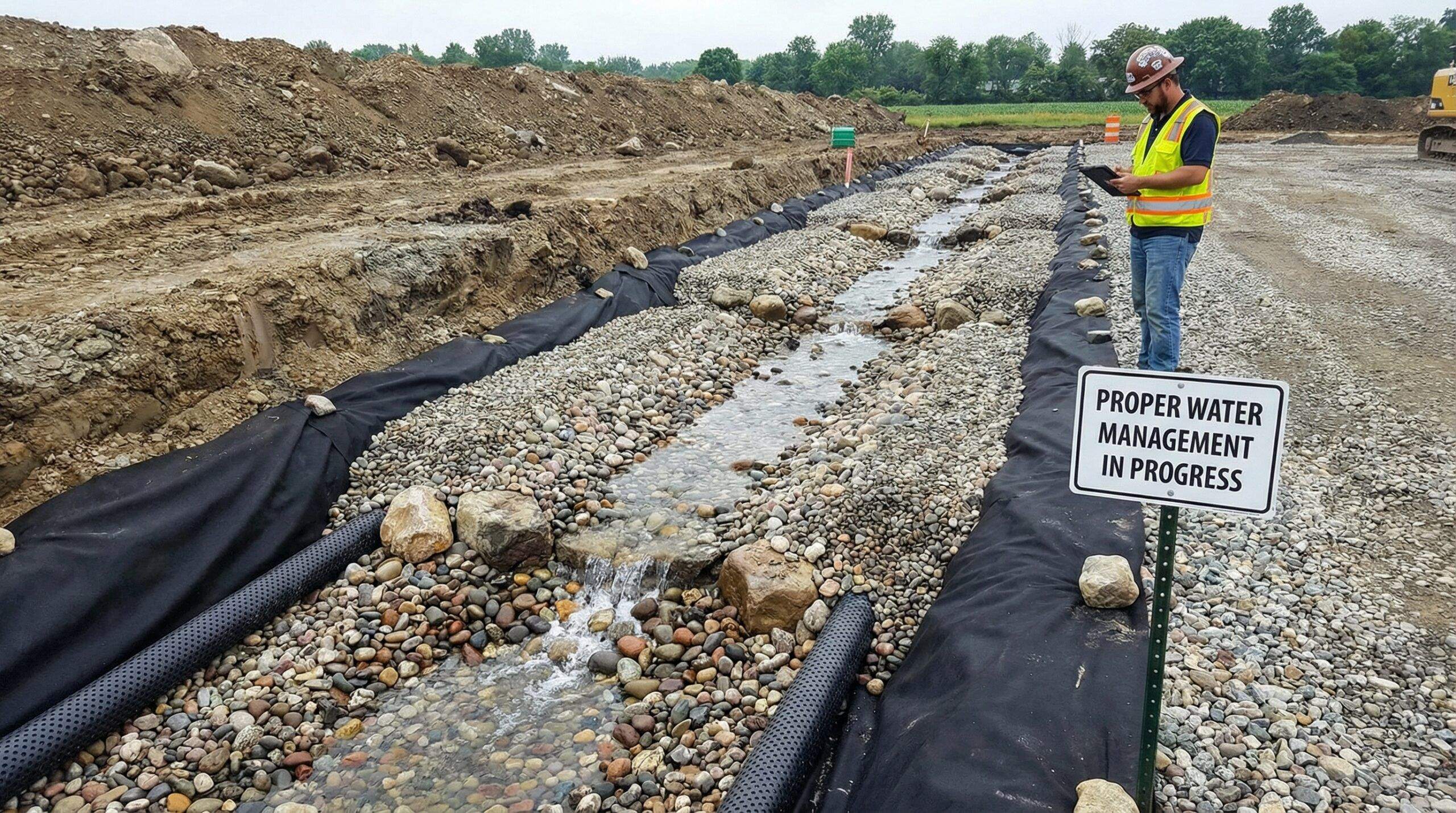 Drainage gravel installation showing water flowing through stones