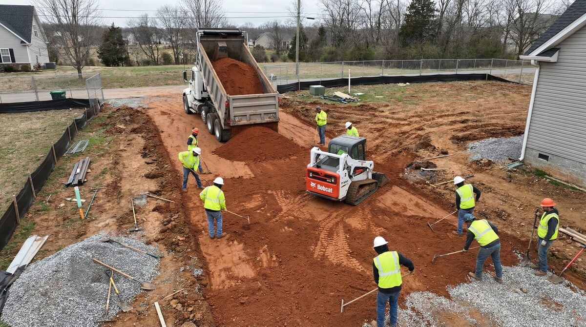 Driveway construction with fill dirt being applied