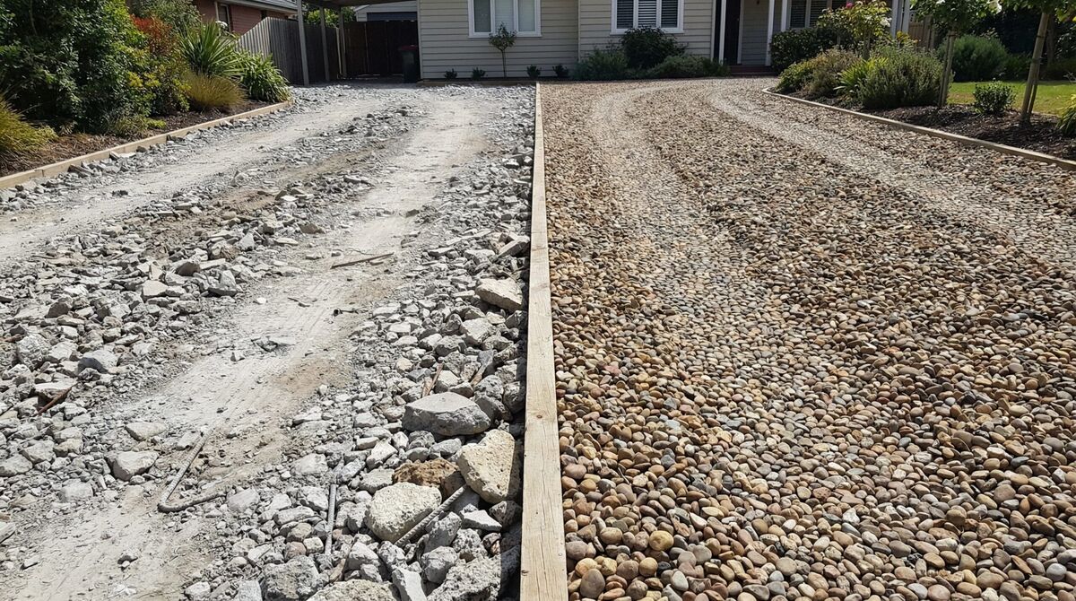 side-by-side comparison of a driveway with crushed concrete versus gravel