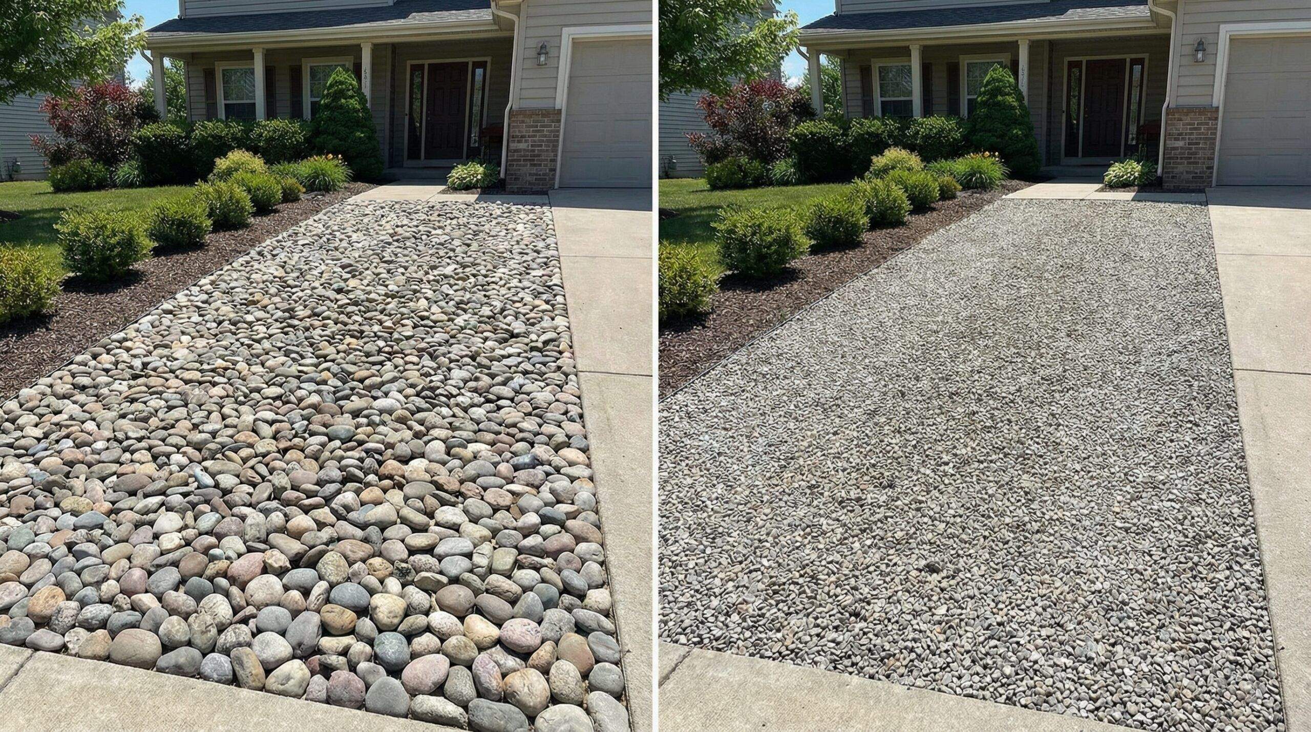 Side-by-side photos showing the same driveway with different rock sizes installed