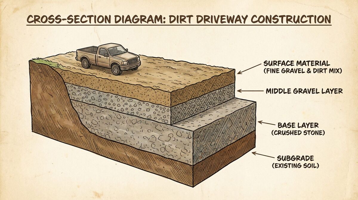 Cross-section diagram showing driveway layers with aggregate base