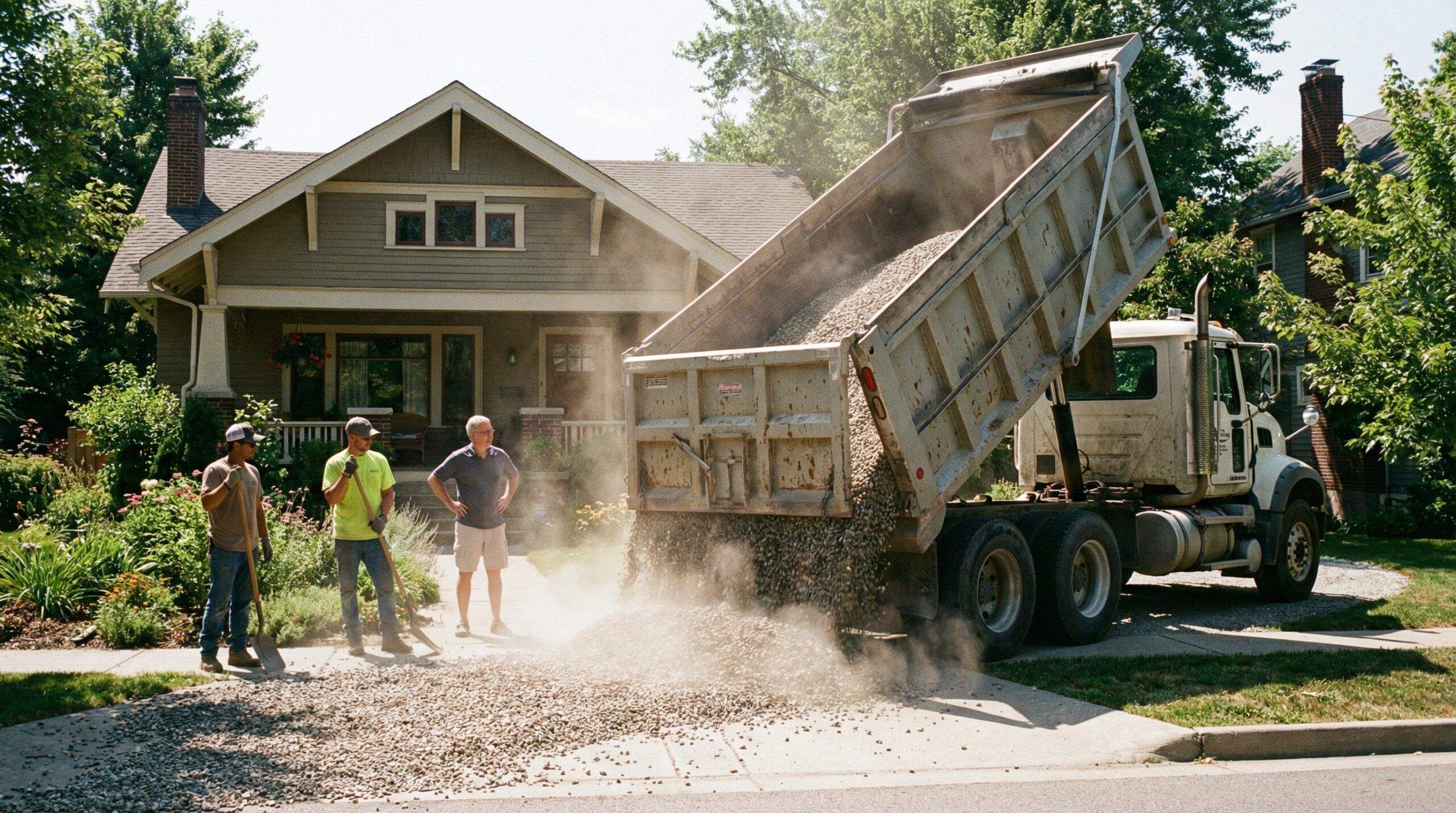 Dump truck delivering gravel to residential property
