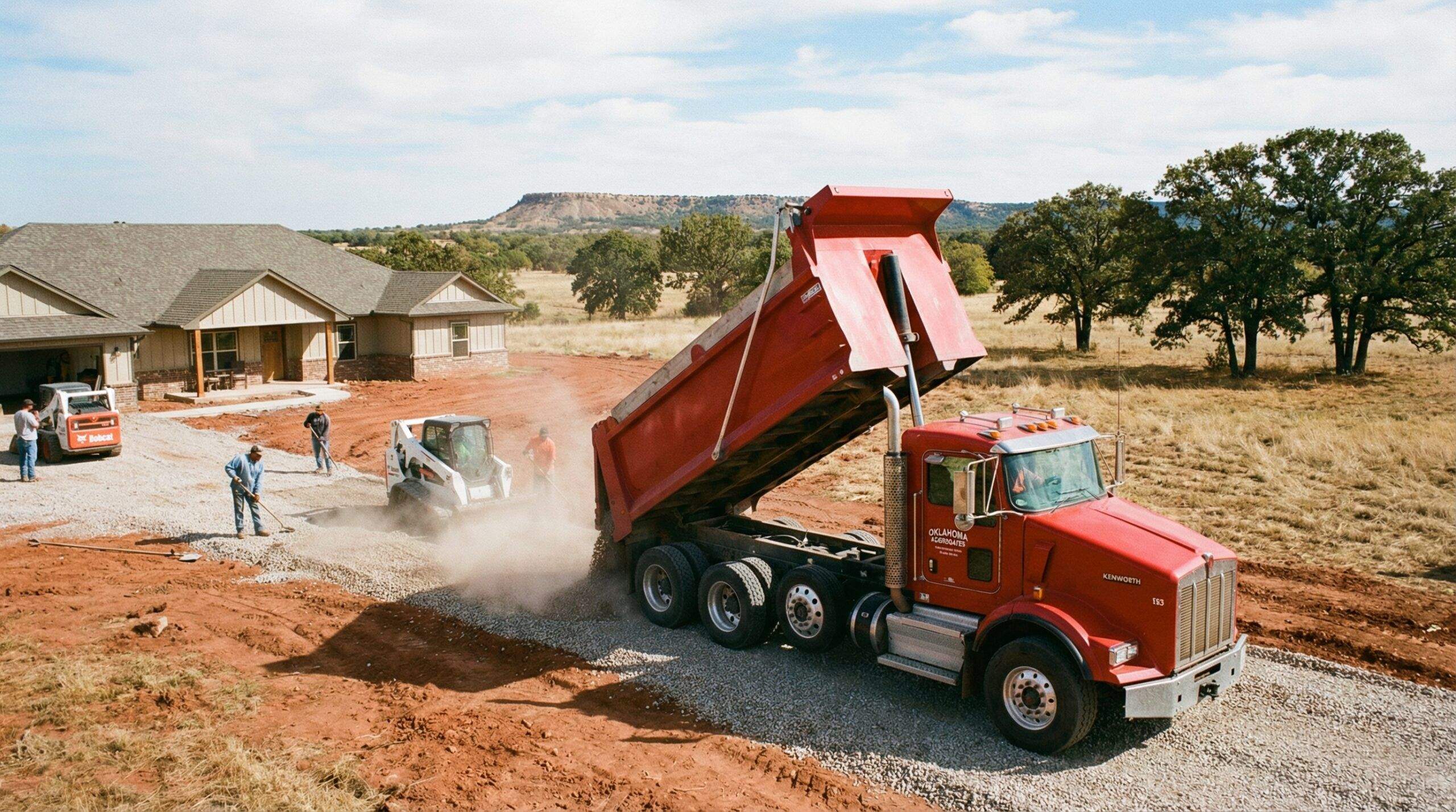 Professional dump truck delivering gravel to residential driveway with homeowner supervising