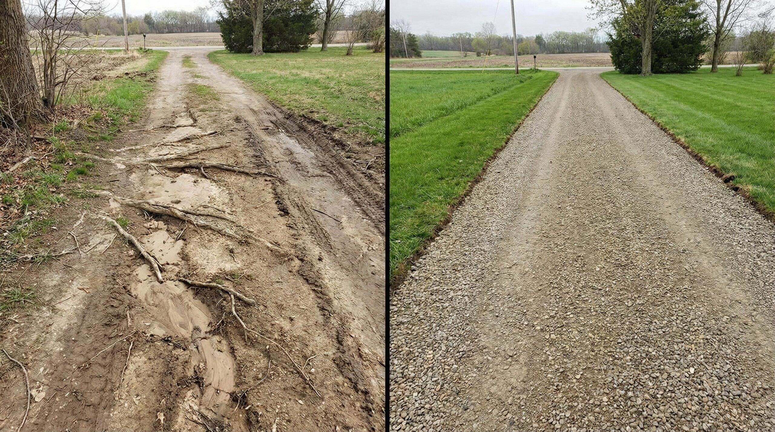 before and after photos showing erosion damage on unprotected vs gravel-protected driveway