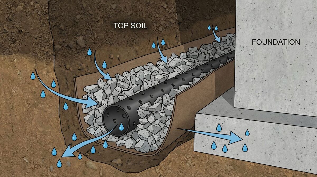 French drain cross-section showing crushed concrete fill around perforated pipe with water flowing away from foundation