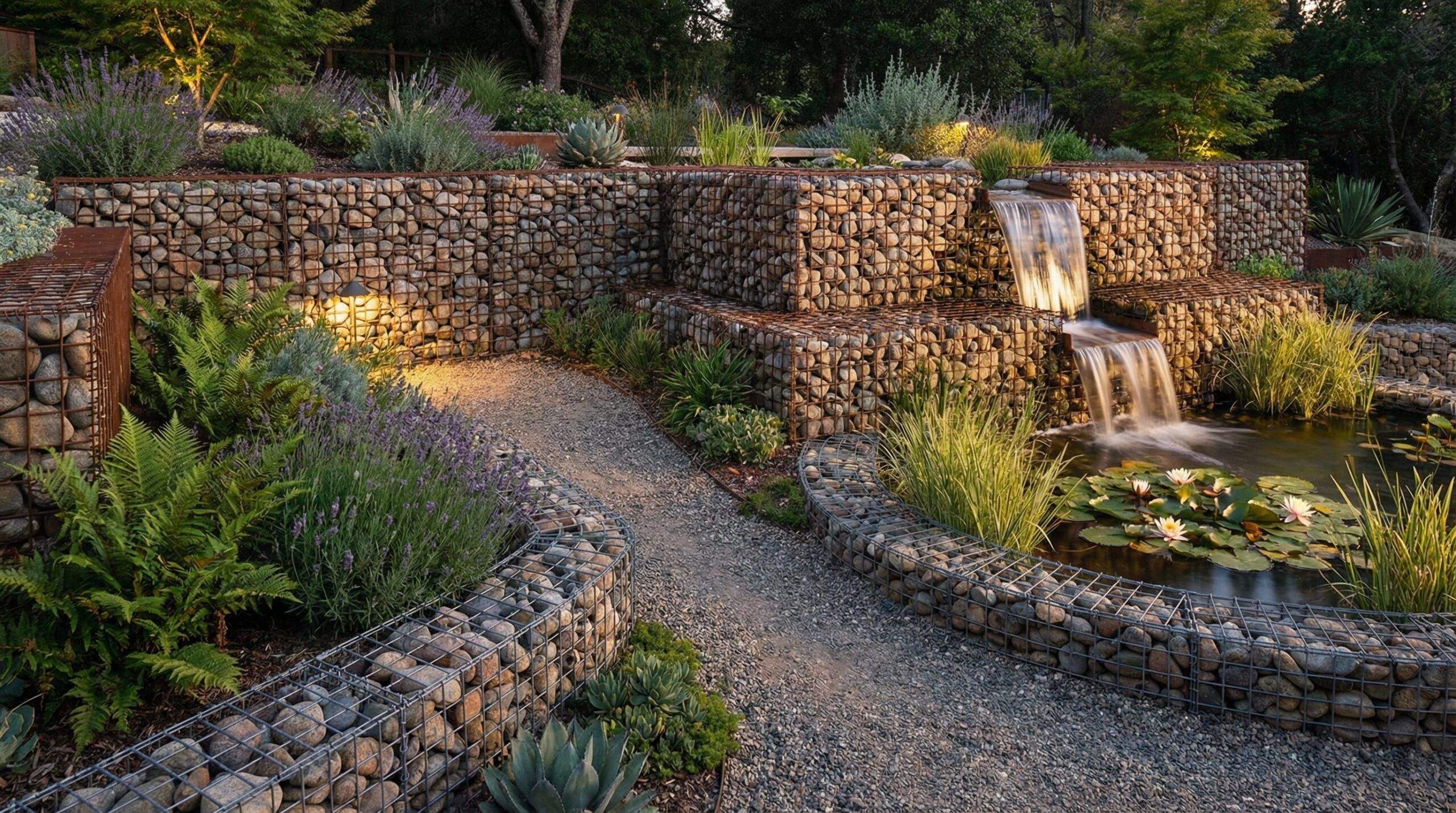 Gabion stone landscaping water feature garden border