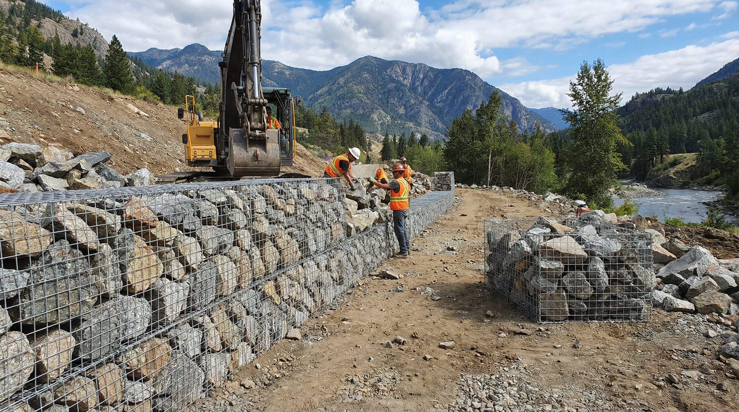Gabion stone wire basket retaining wall construction