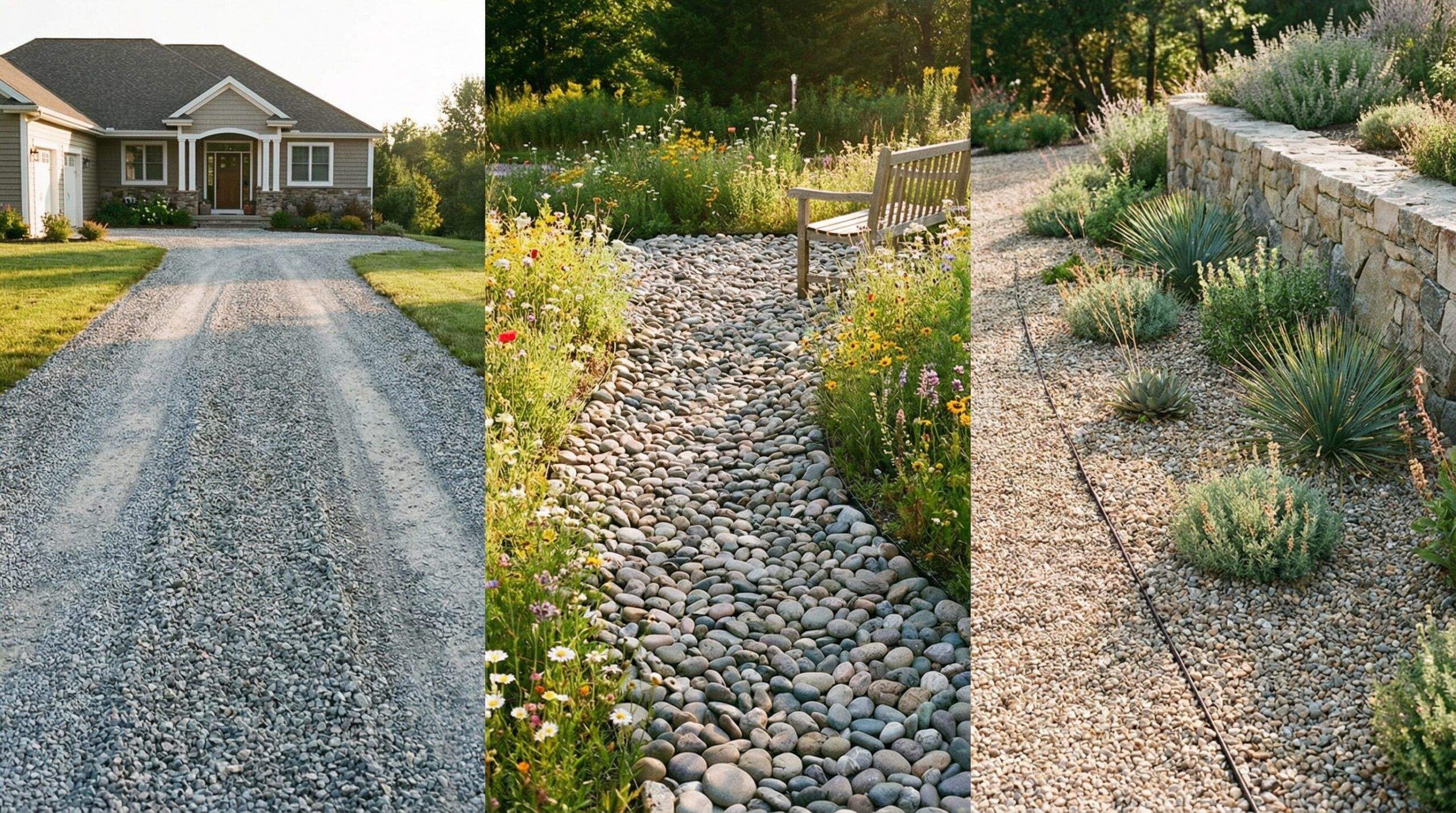Side by side comparison showing different gravel applications including driveway pathway and garden border