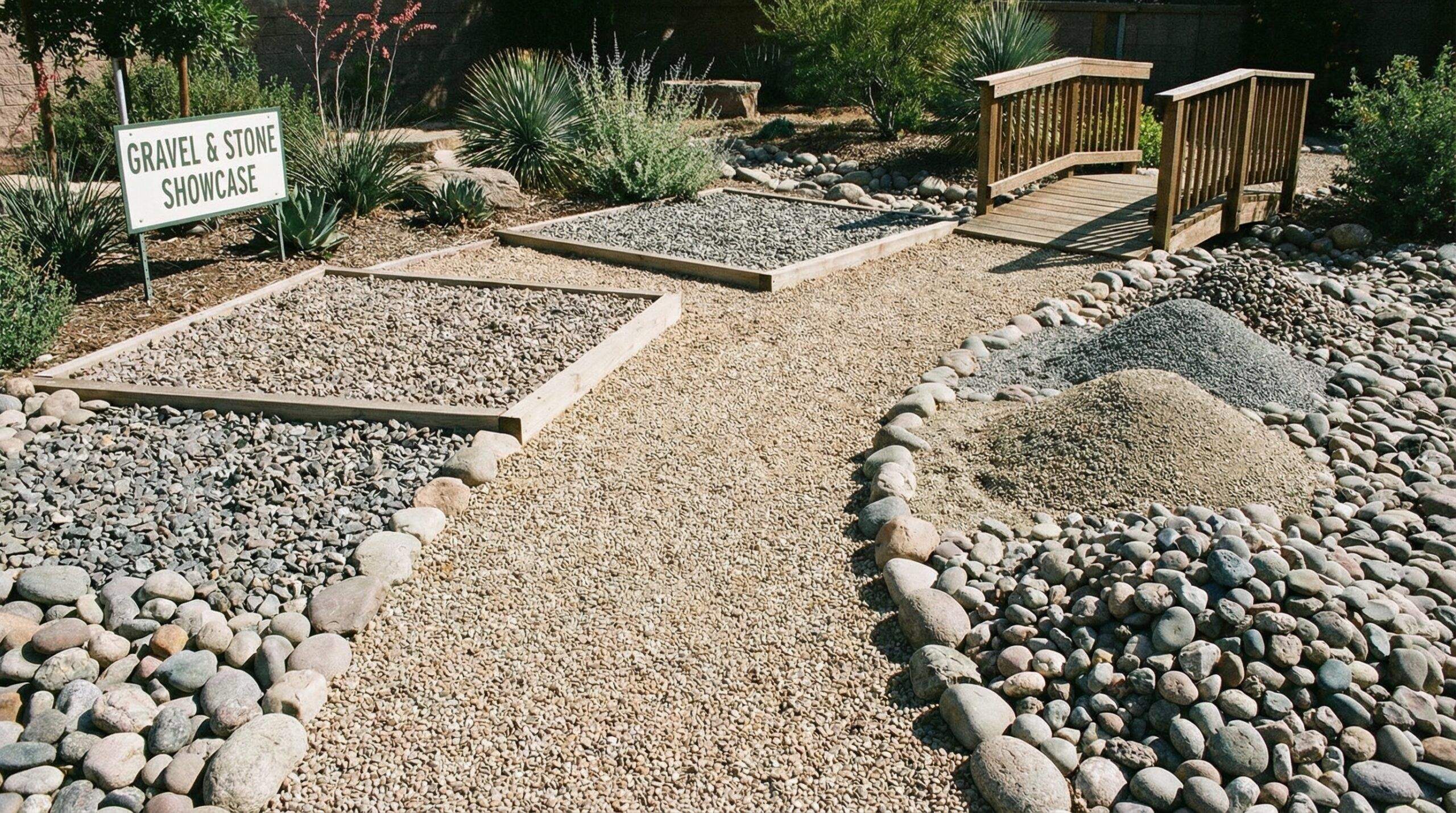 Various sizes of gravel displayed in a landscaping setting with pathways and garden beds