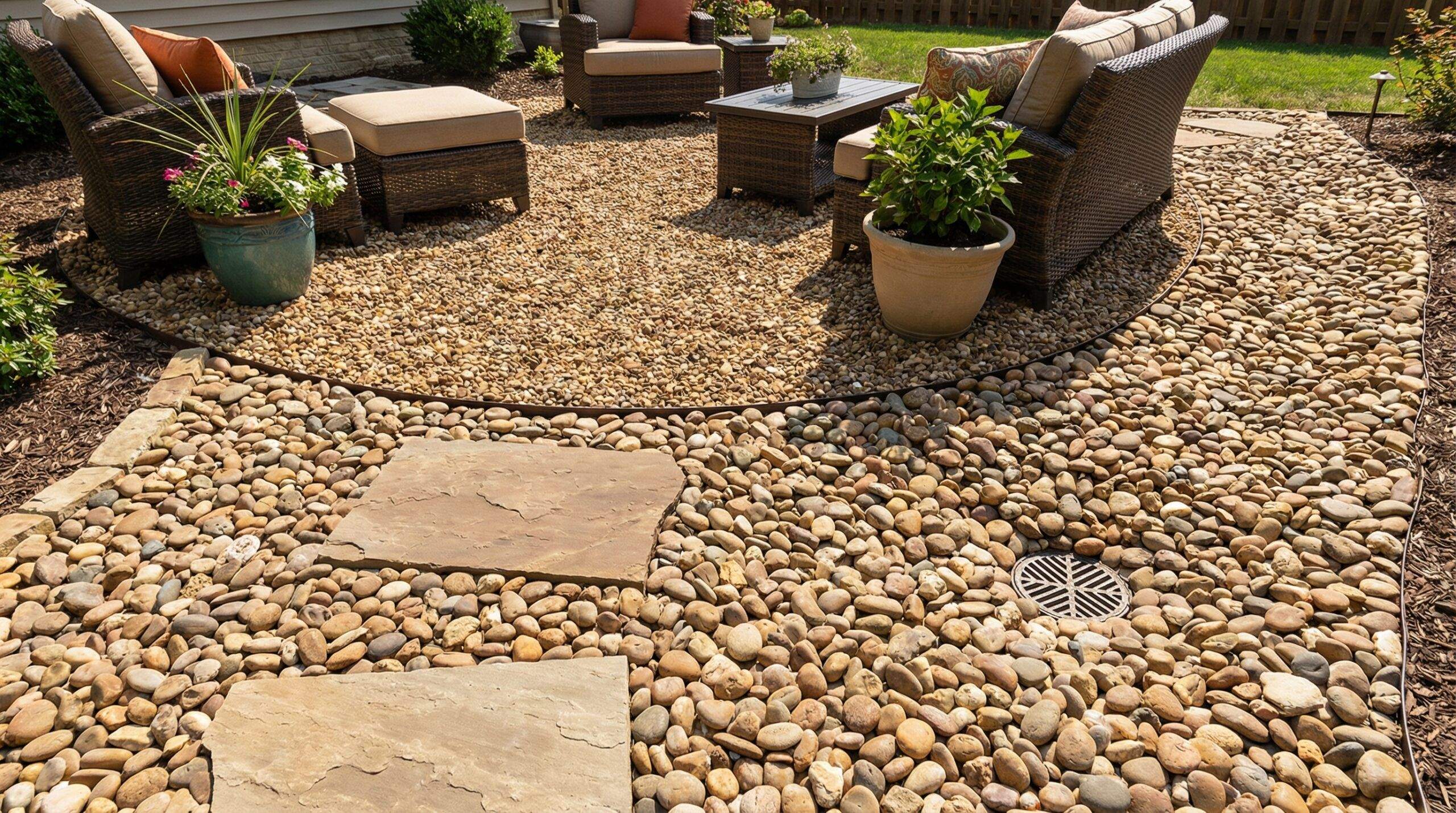 Beautiful gravel patio with medium-sized stones showing proper drainage and comfortable walking surface