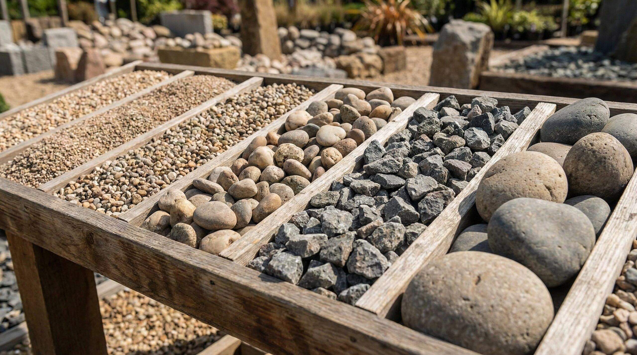 Close-up comparison of different gravel sizes from pea gravel to large crushed stone