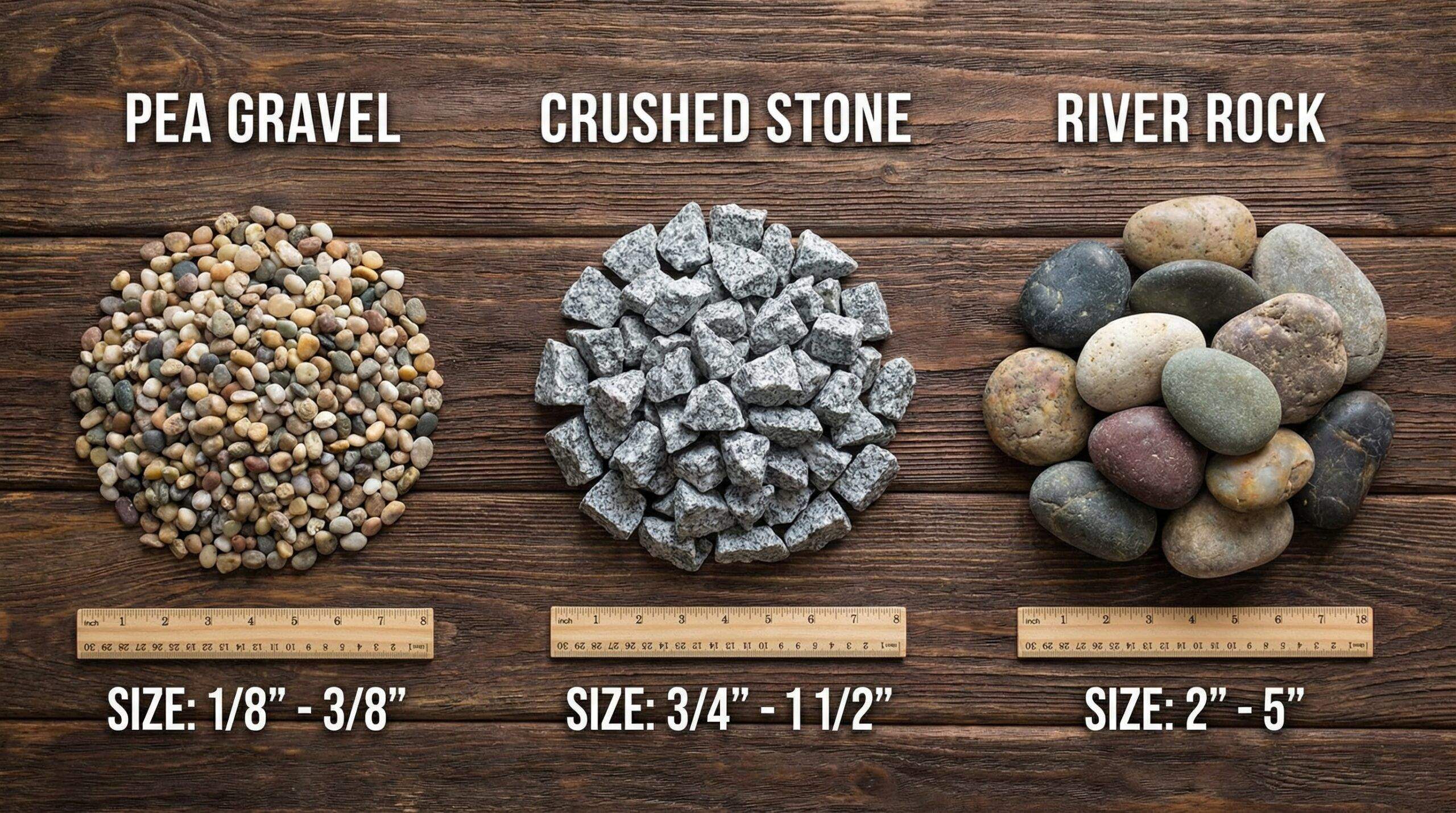 Comparison of different gravel types - pea gravel, crushed stone, and river rock